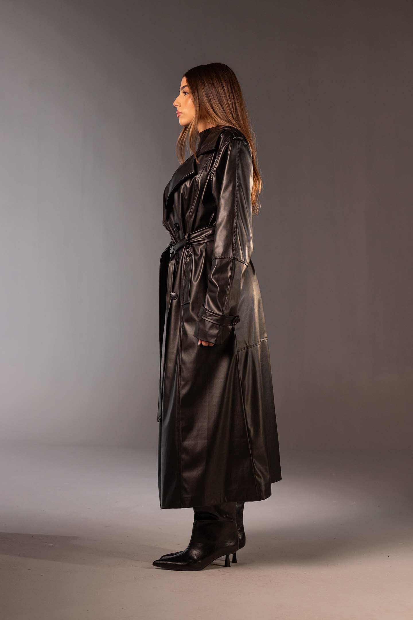 معطف ترنش طويل من الجلد الصناعي – لون أسود