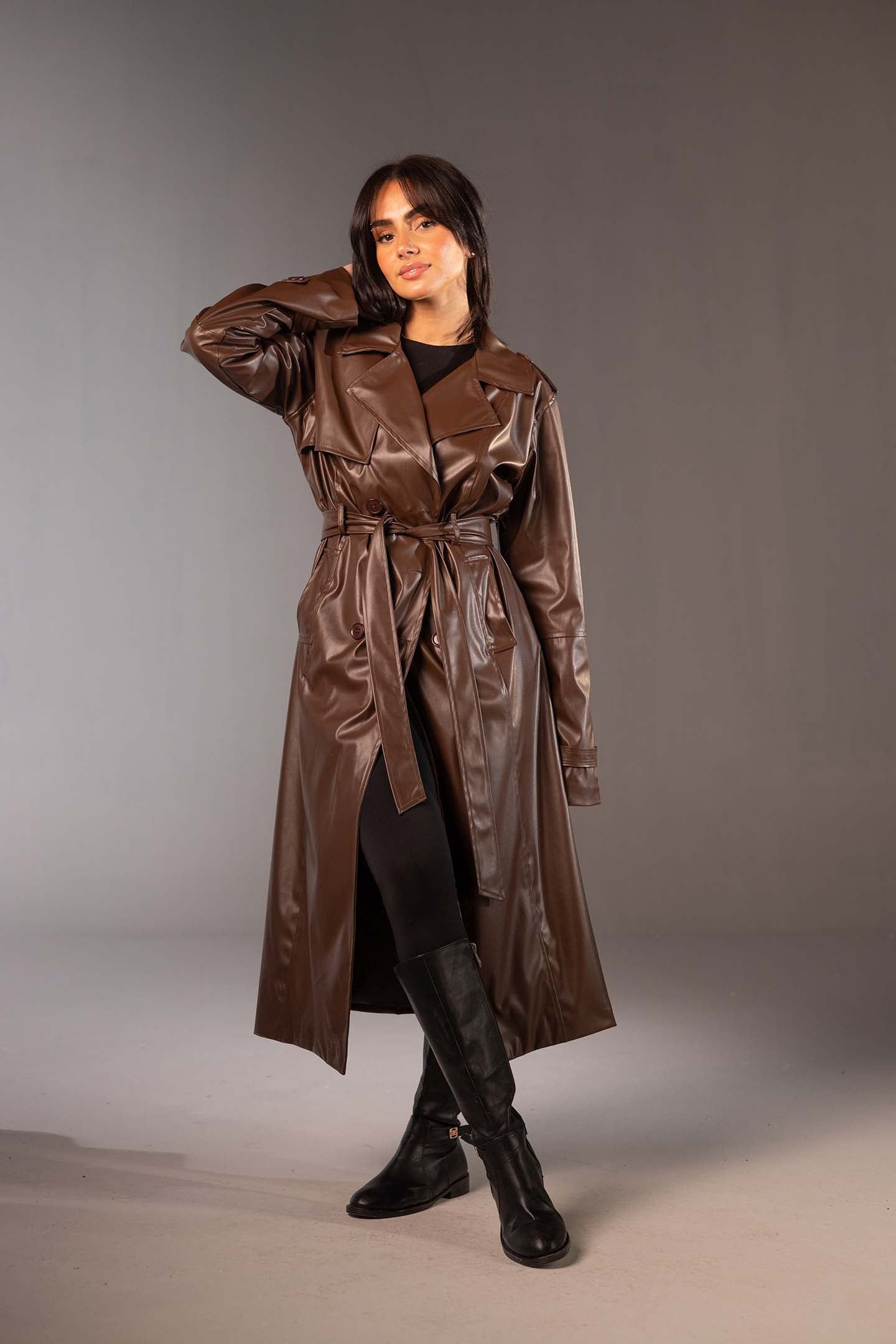 معطف ترنش طويل من الجلد الصناعي – لون بني