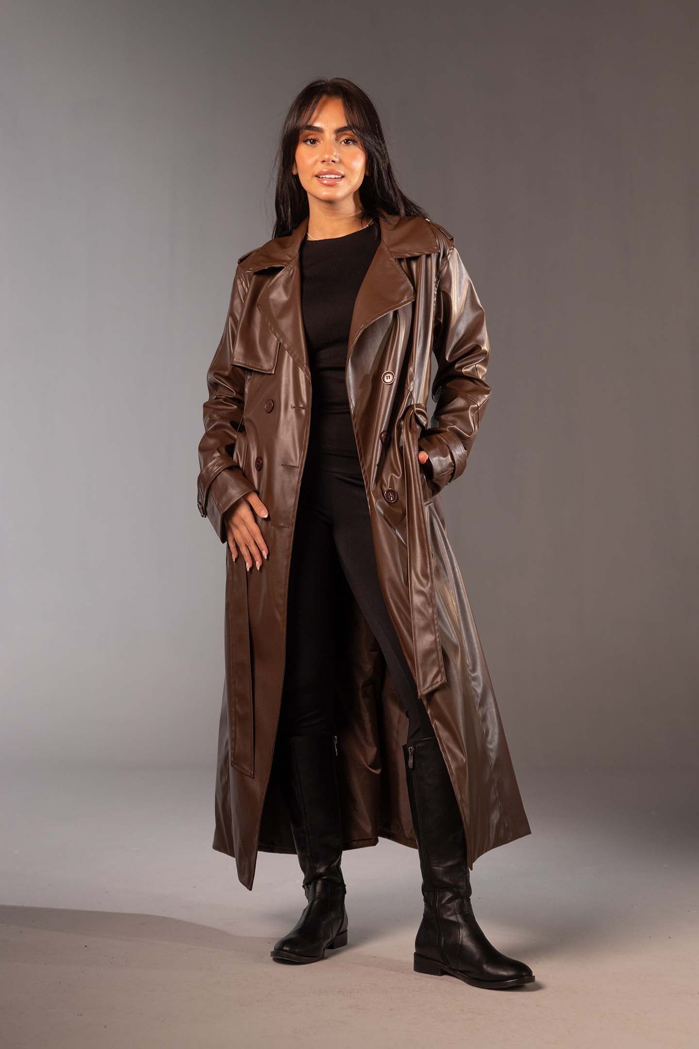 معطف ترنش طويل من الجلد الصناعي – لون بني