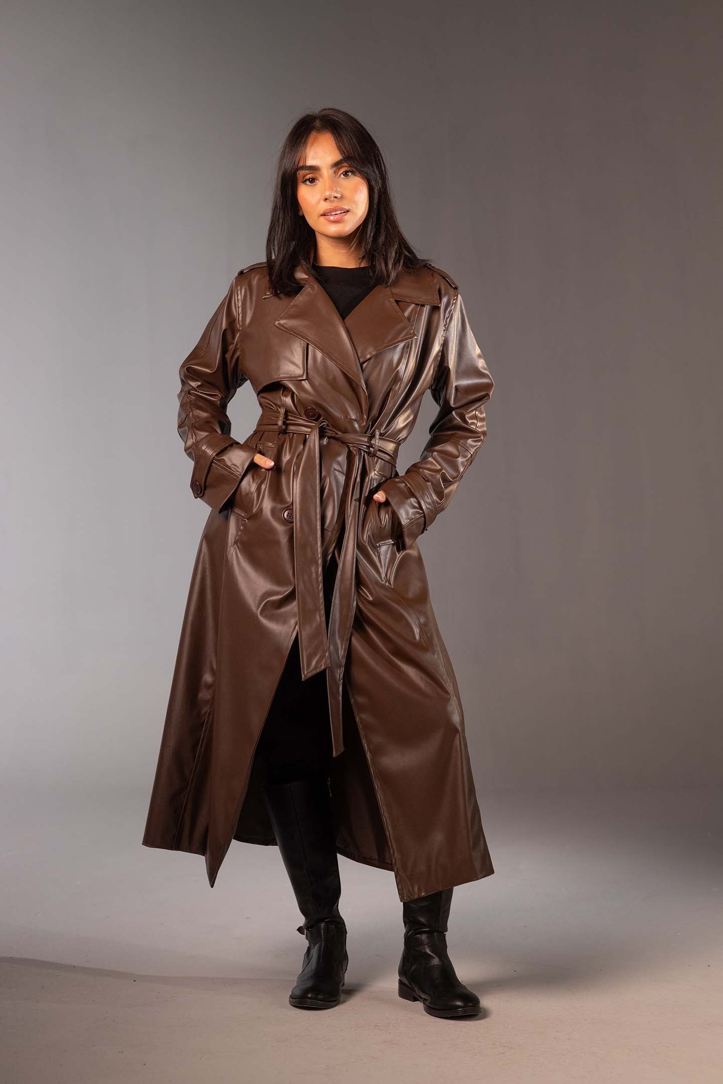 معطف ترنش طويل من الجلد الصناعي – لون بني