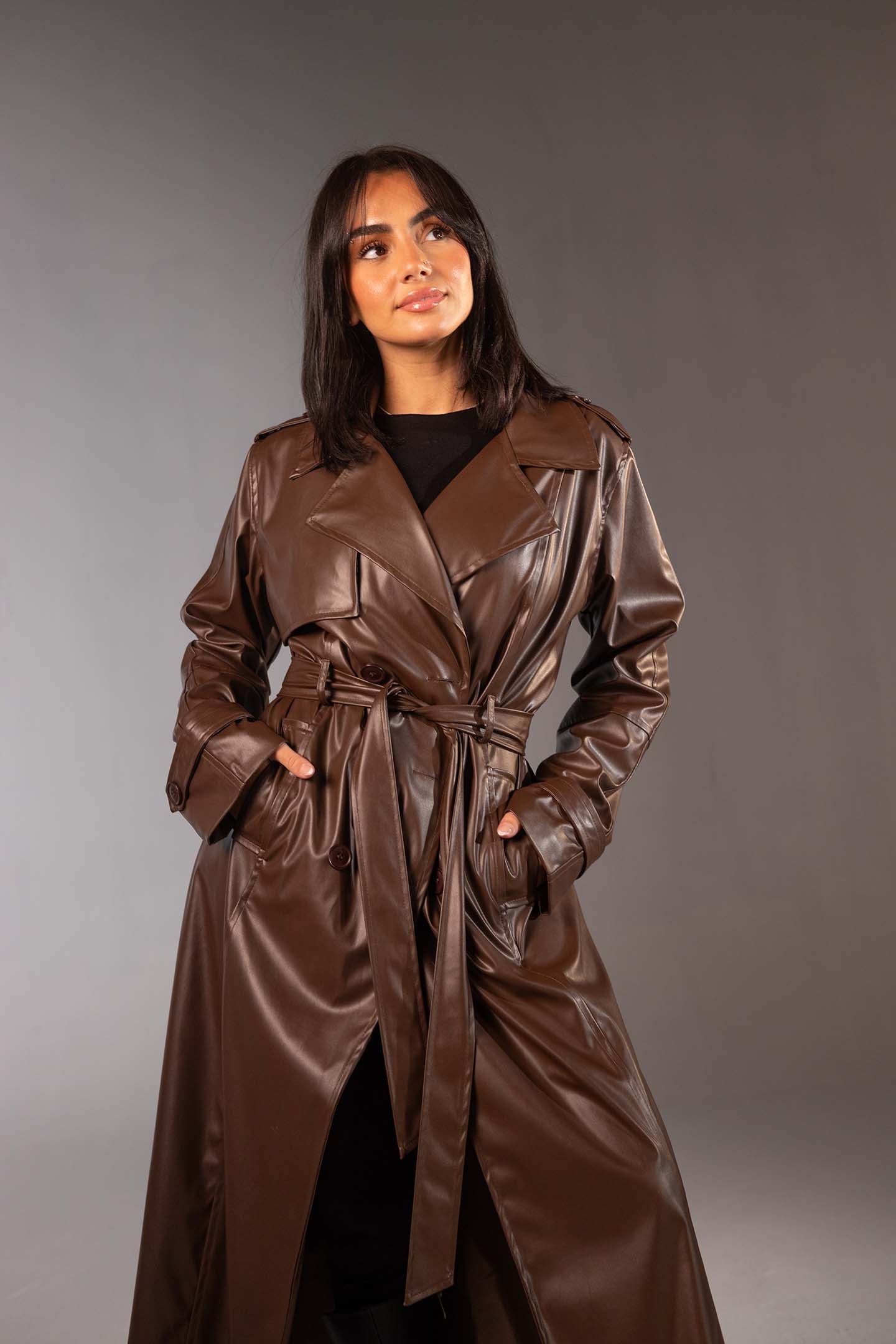 معطف ترنش طويل من الجلد الصناعي – لون بني