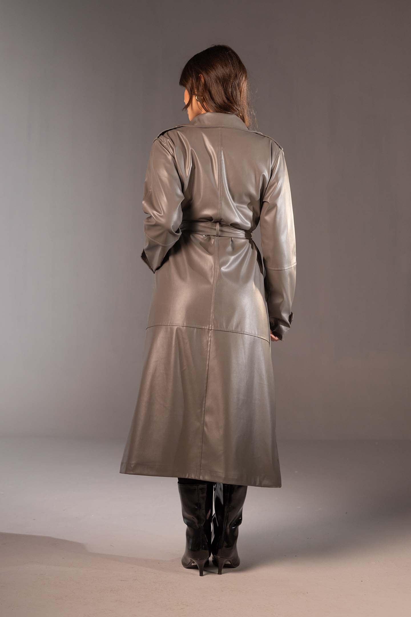 معطف ترنش طويل من الجلد الصناعي – لون رمادي