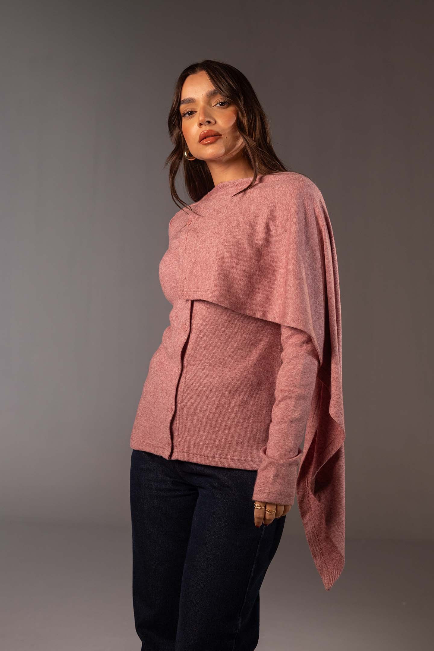 Rose Wool Knit Top with Removable Shawl