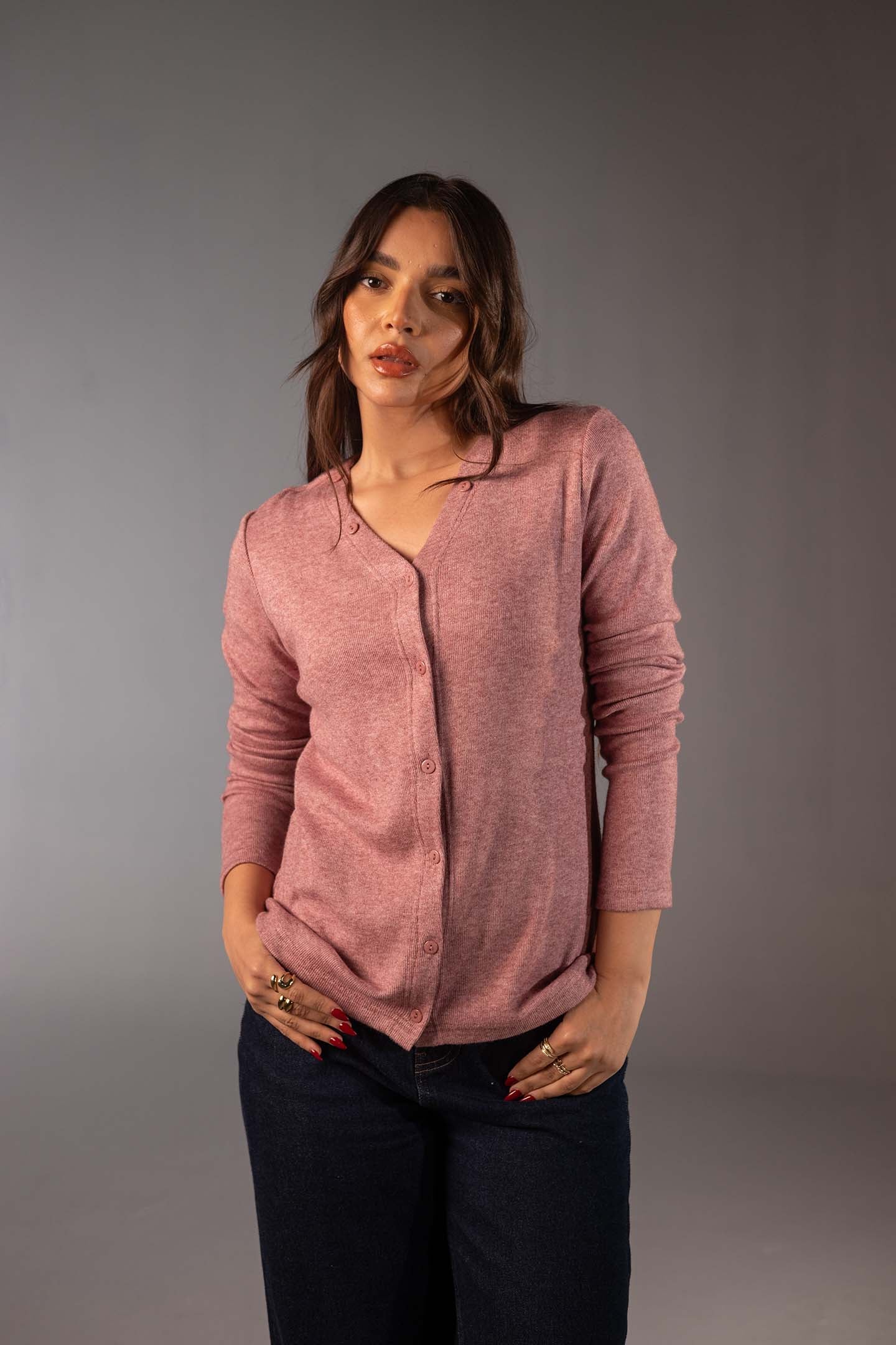 Rose Wool Knit Top with Removable Shawl