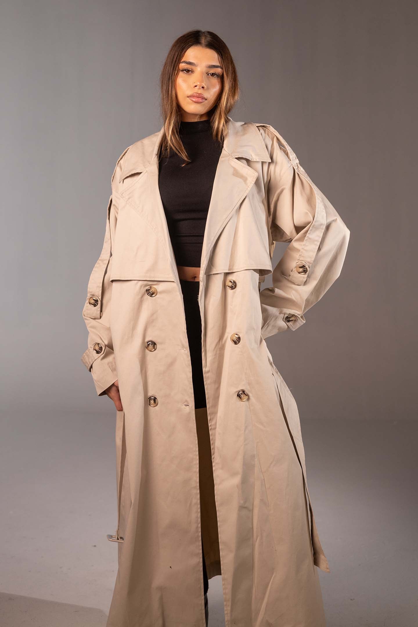 معطف ترنش بيج أوفر سايز مزدوج الأزرار