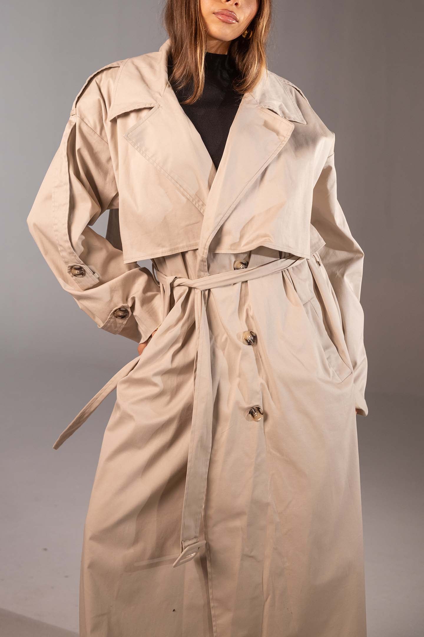 معطف ترنش بيج أوفر سايز مزدوج الأزرار