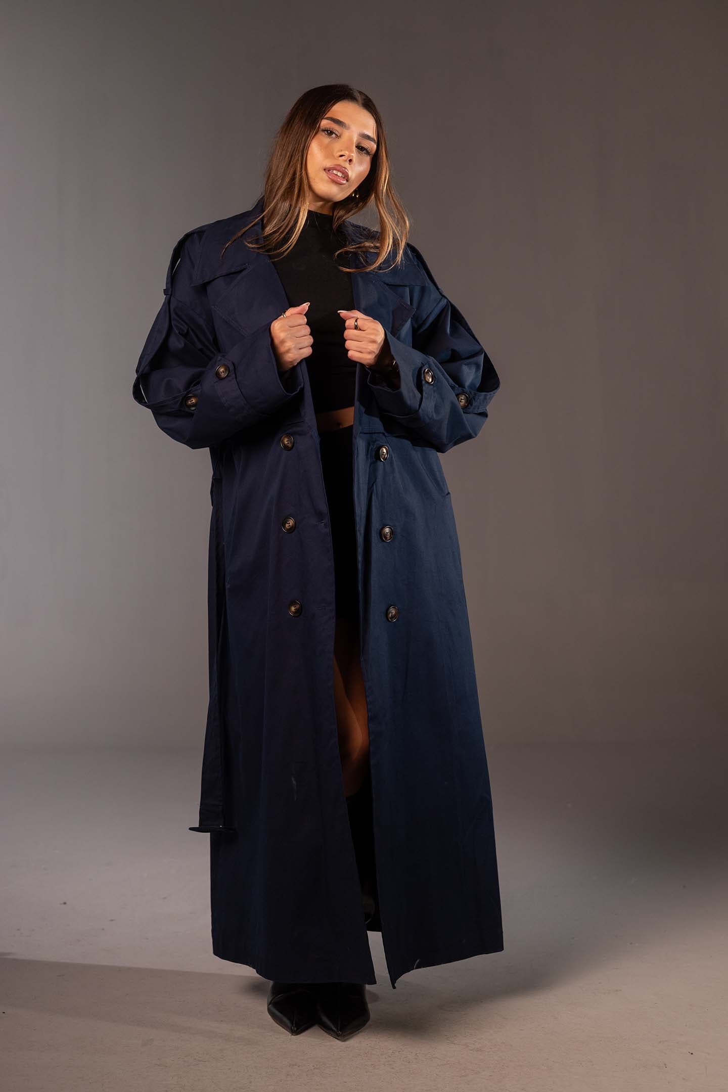 معطف ترنش كحلي أوفر سايز مزدوج الأزرار