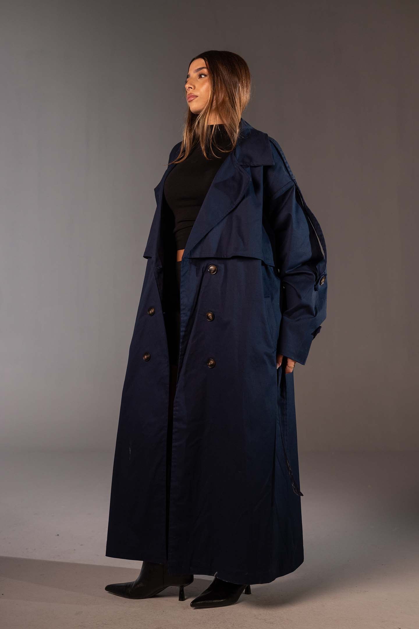 معطف ترنش كحلي أوفر سايز مزدوج الأزرار