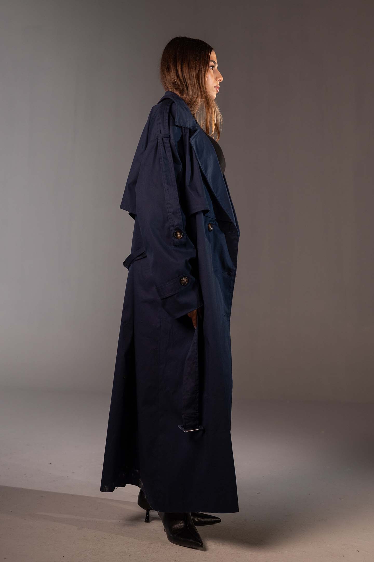Navy Double-Breasted Oversized Trench Coat