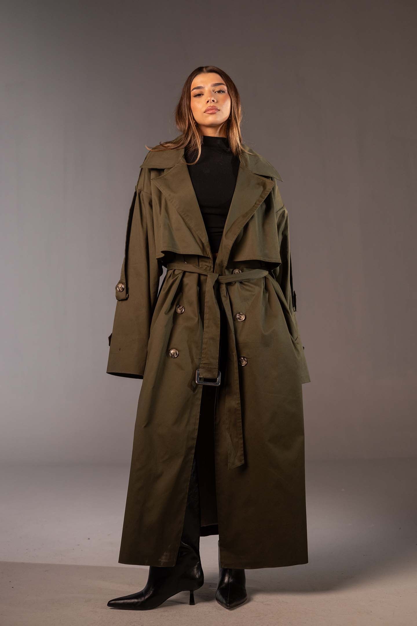 معطف ترنش زيتي أوفر سايز مزدوج الأزرار