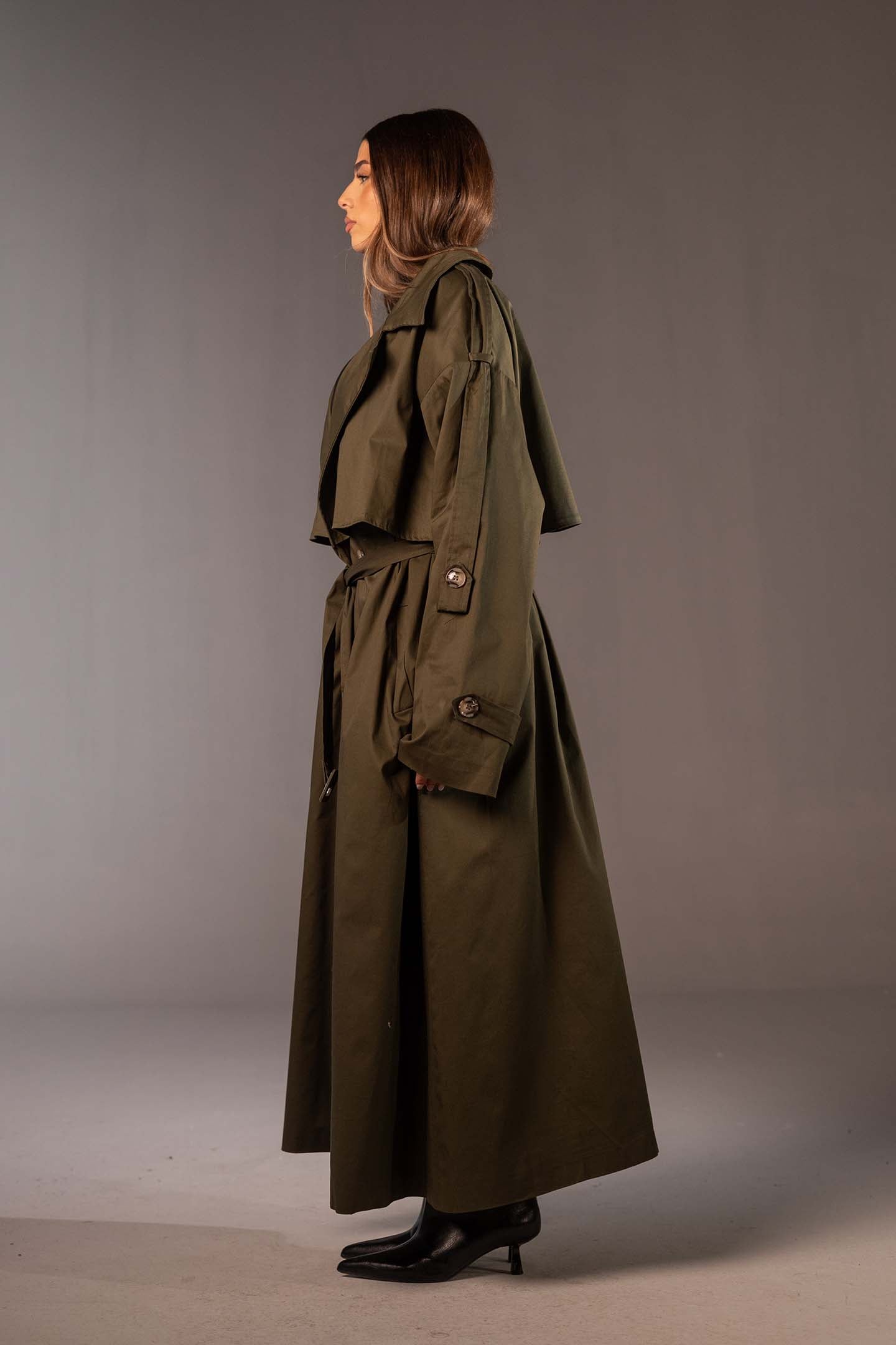 معطف ترنش زيتي أوفر سايز مزدوج الأزرار