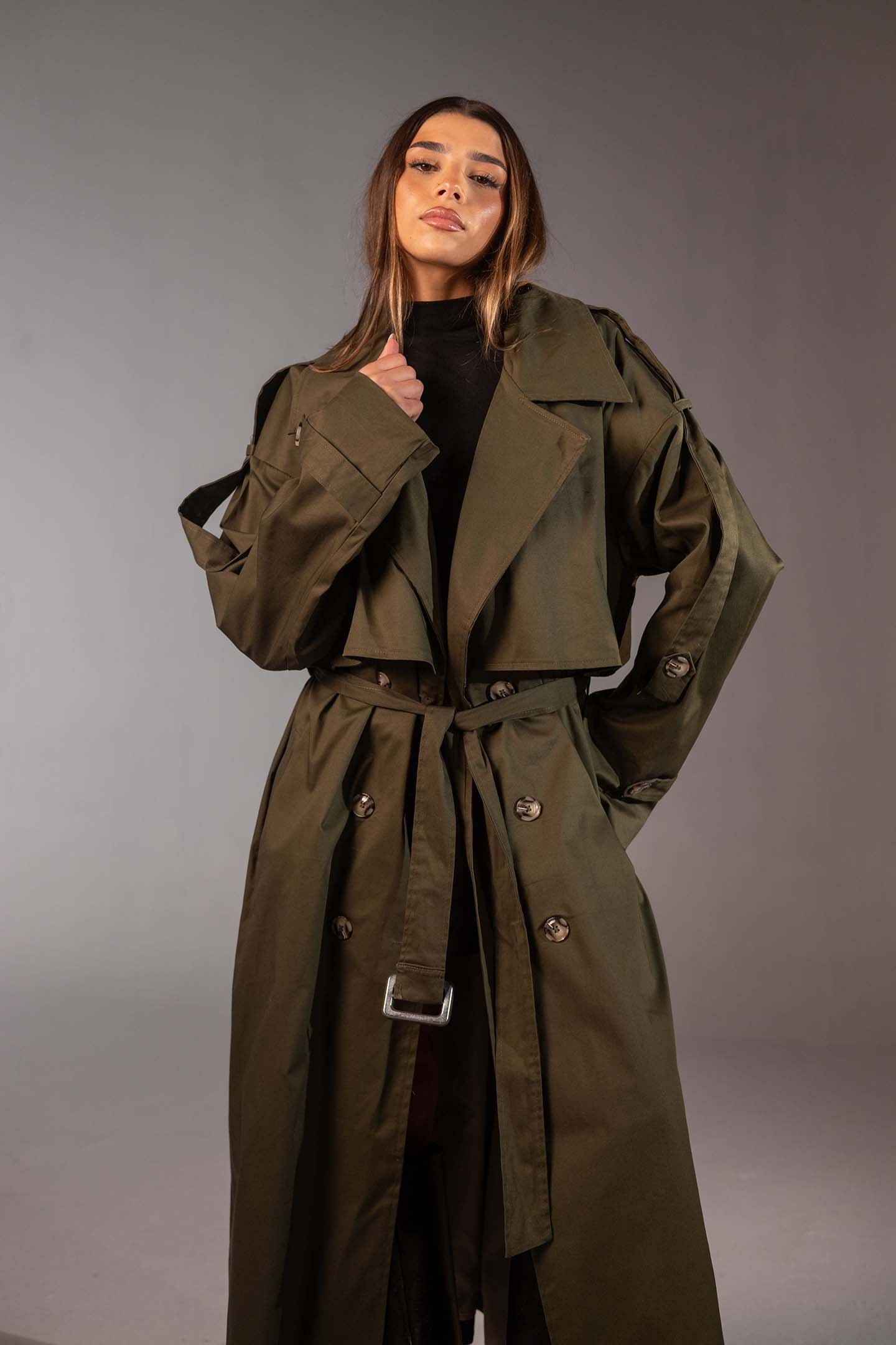 معطف ترنش زيتي أوفر سايز مزدوج الأزرار