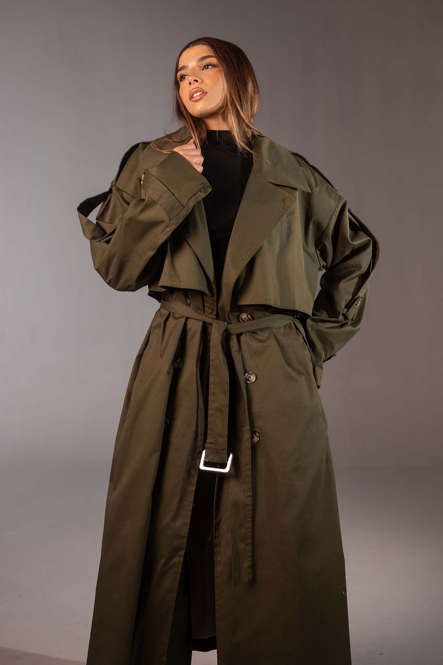 معطف ترنش زيتي أوفر سايز مزدوج الأزرار