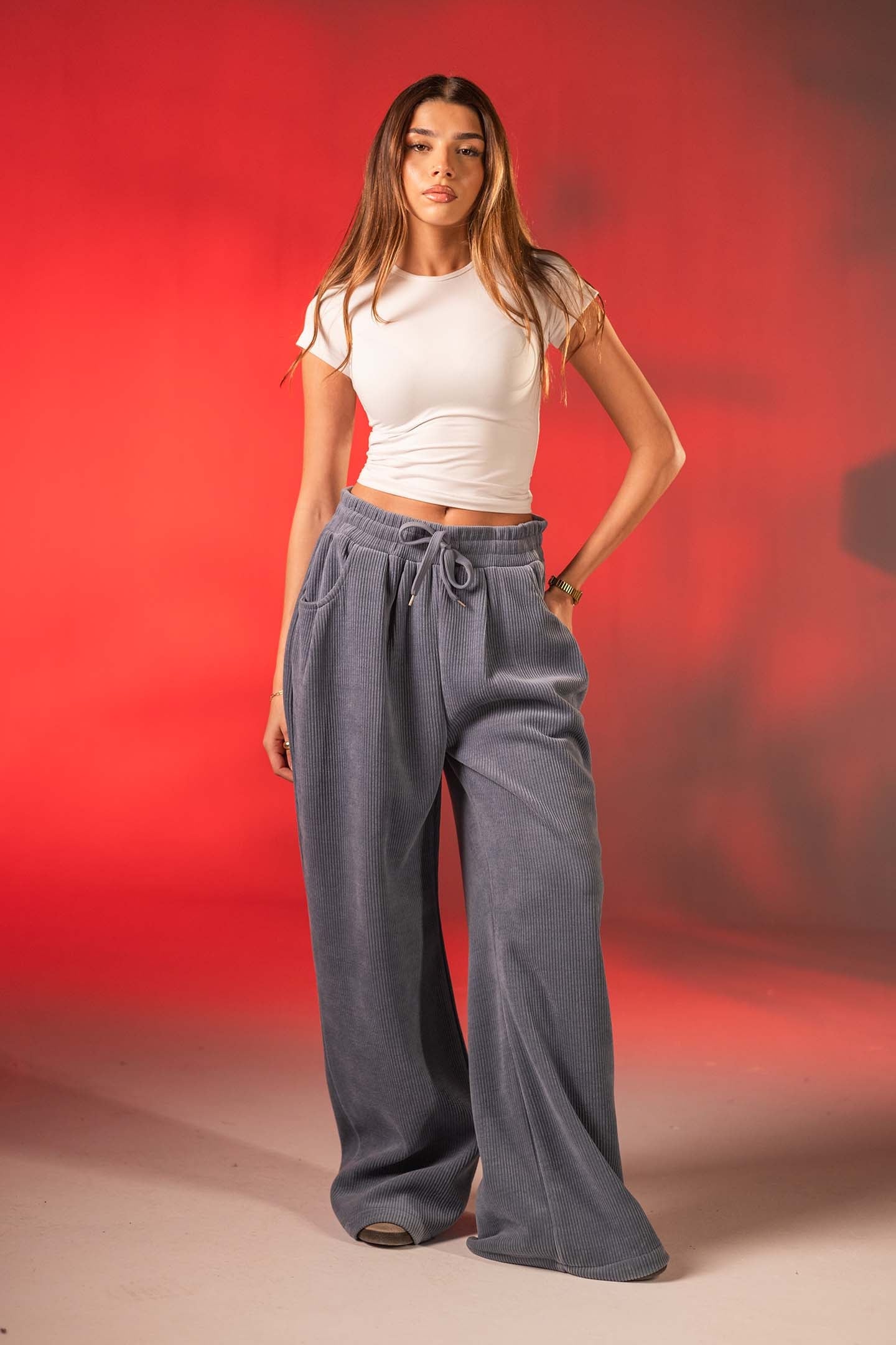 Blue Corduroy Wide-Leg Pants