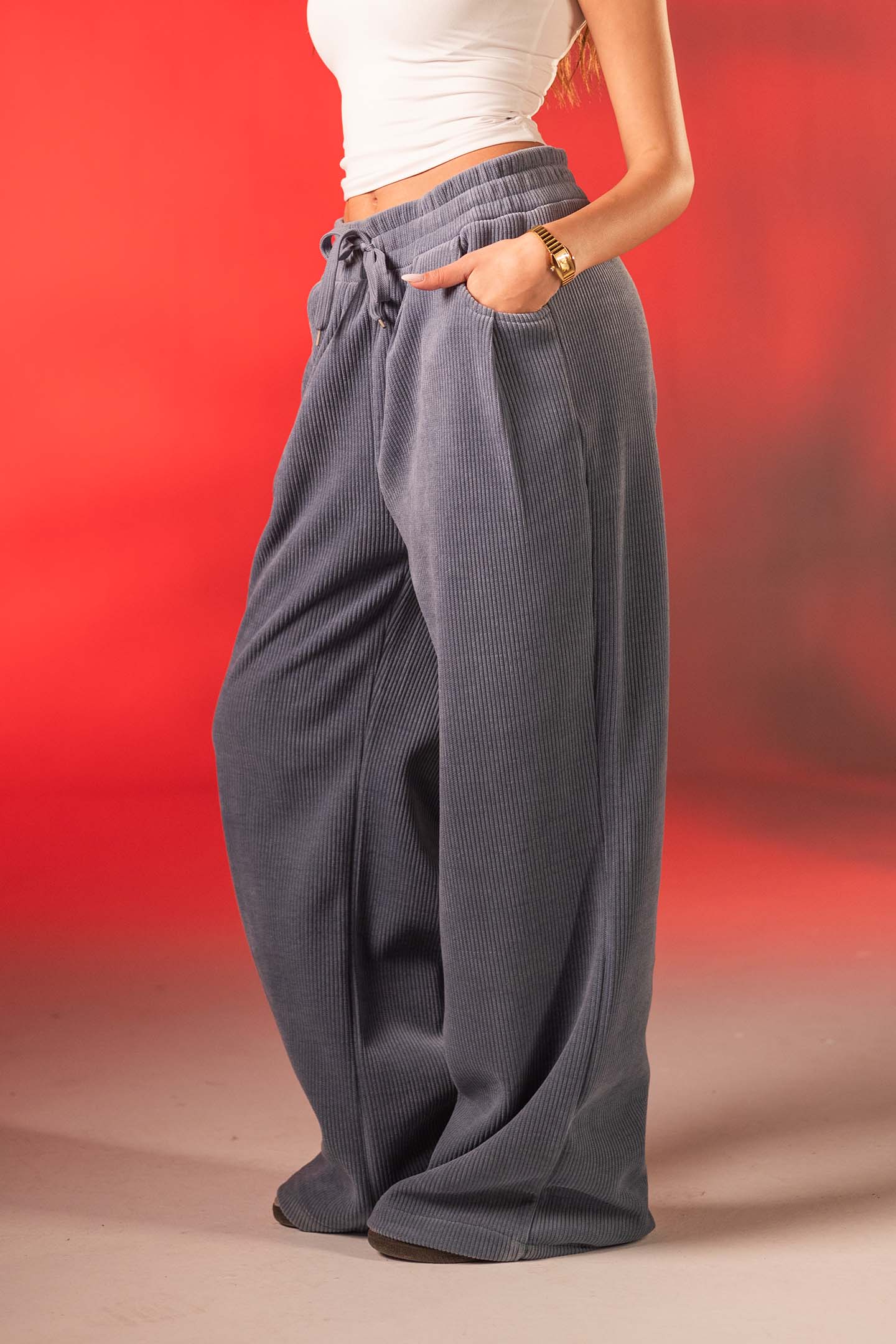 Blue Corduroy Wide-Leg Pants