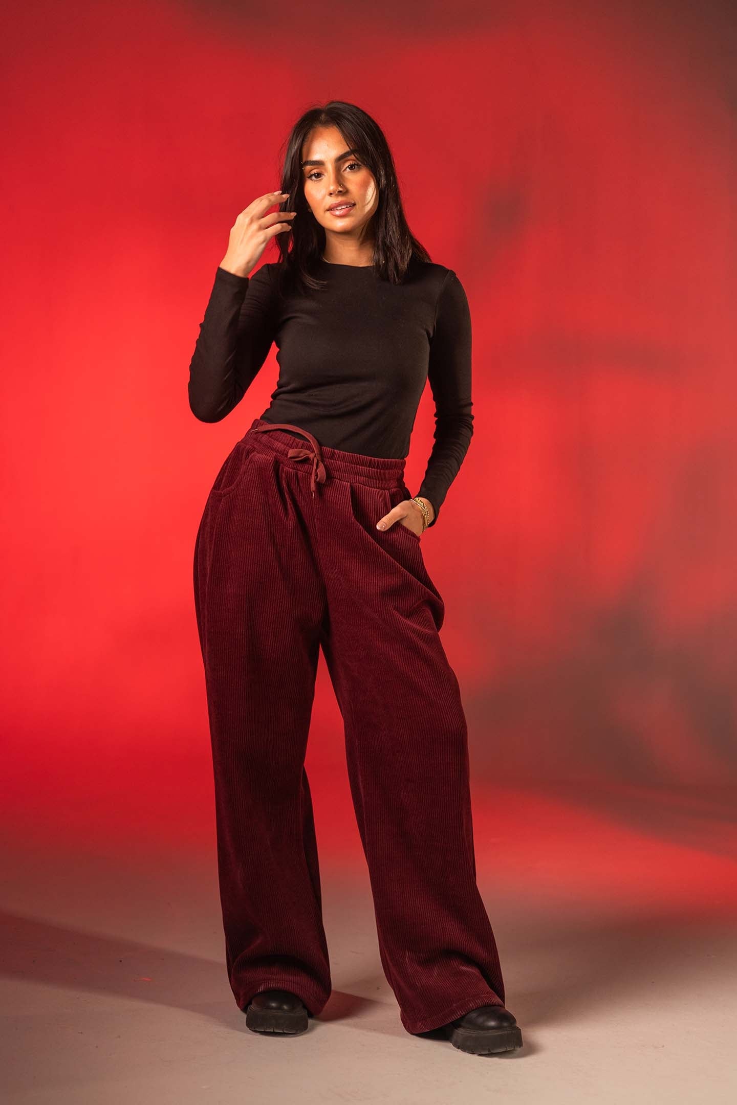 Burgundy Corduroy Wide-Leg Pants