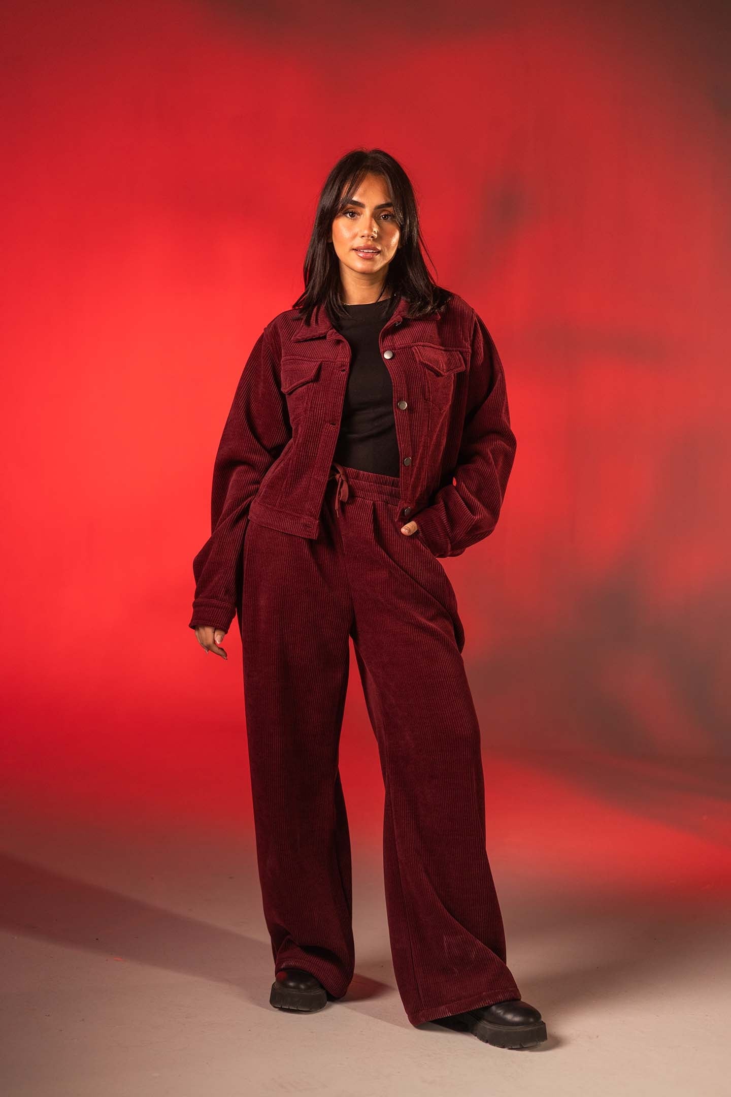 Burgundy Corduroy Wide-Leg Pants