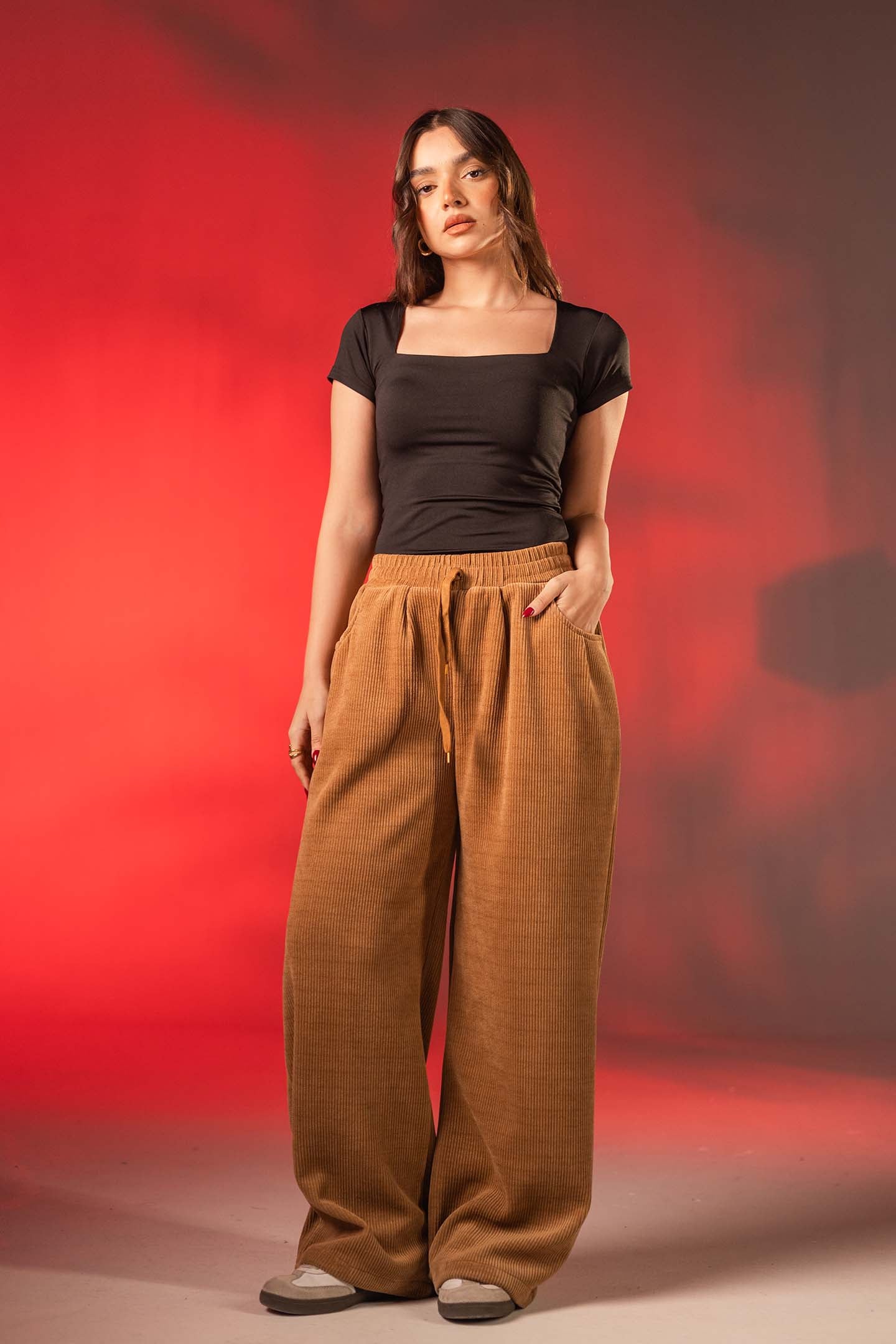 Camel Corduroy Wide-Leg Pants
