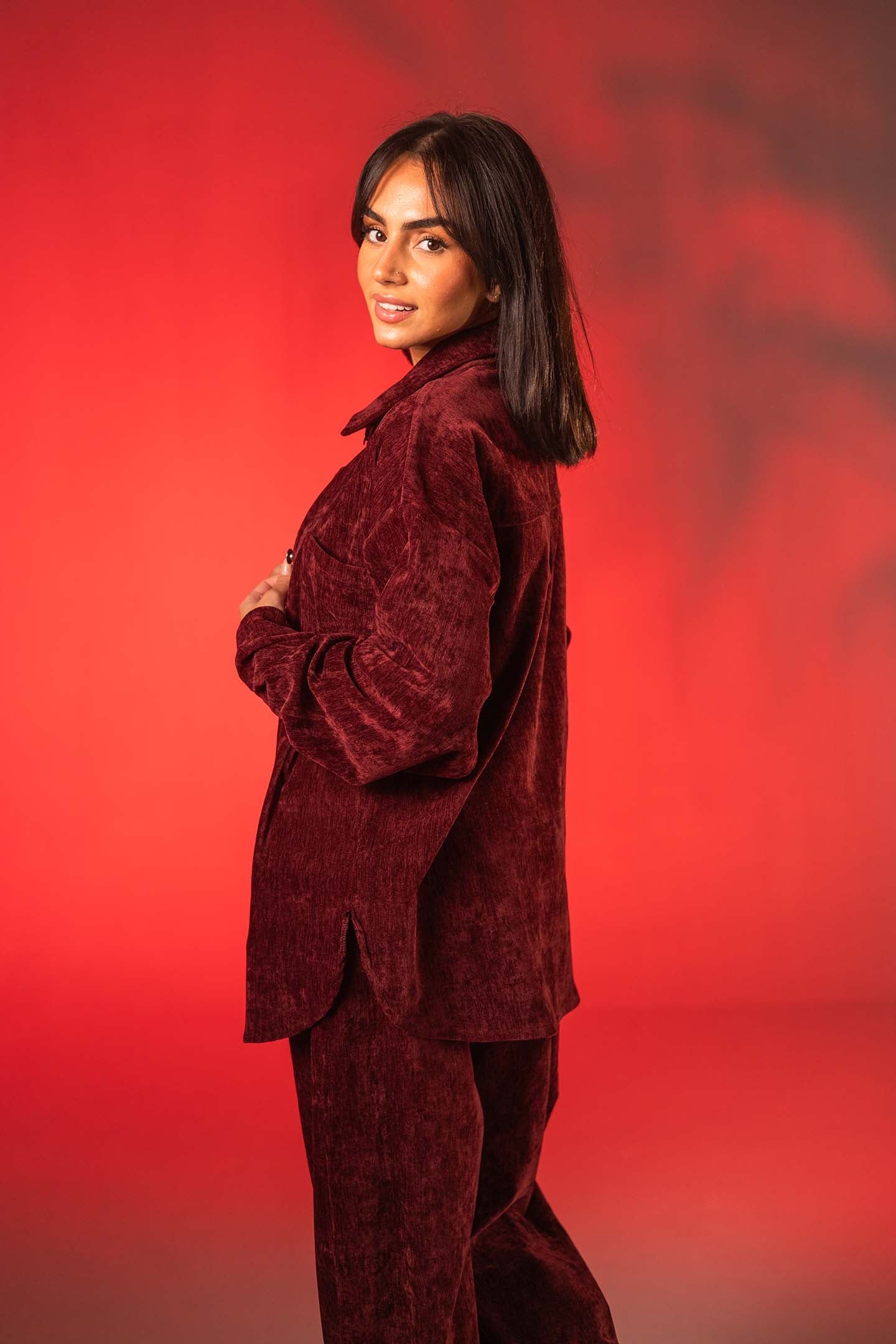 بنطال لاونج مخمل عنابي أوفر سايز