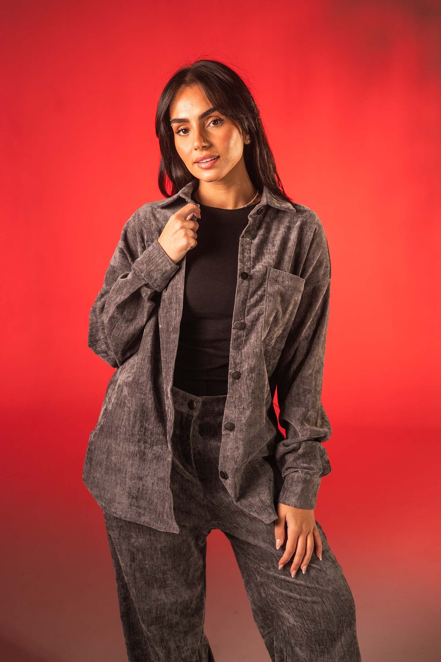 بنطال لاونج مخمل رمادي أوفر سايز