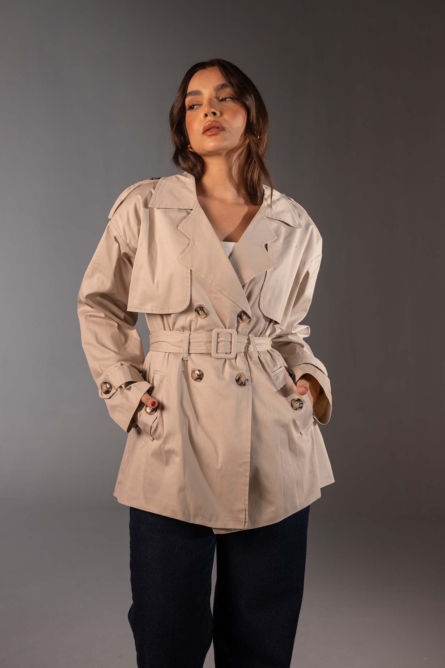 Beige Short Double-Breasted Trench Coat
