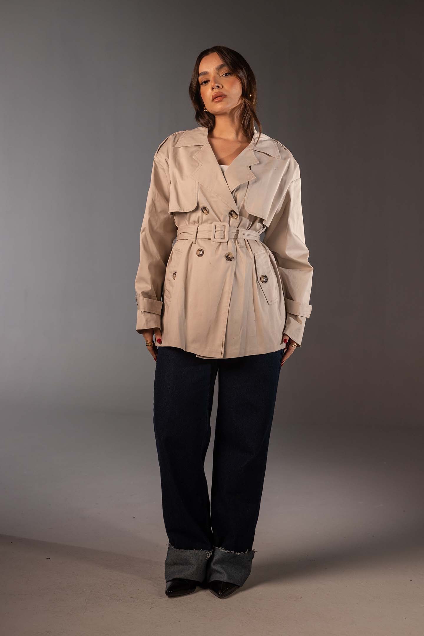 Beige Short Double-Breasted Trench Coat