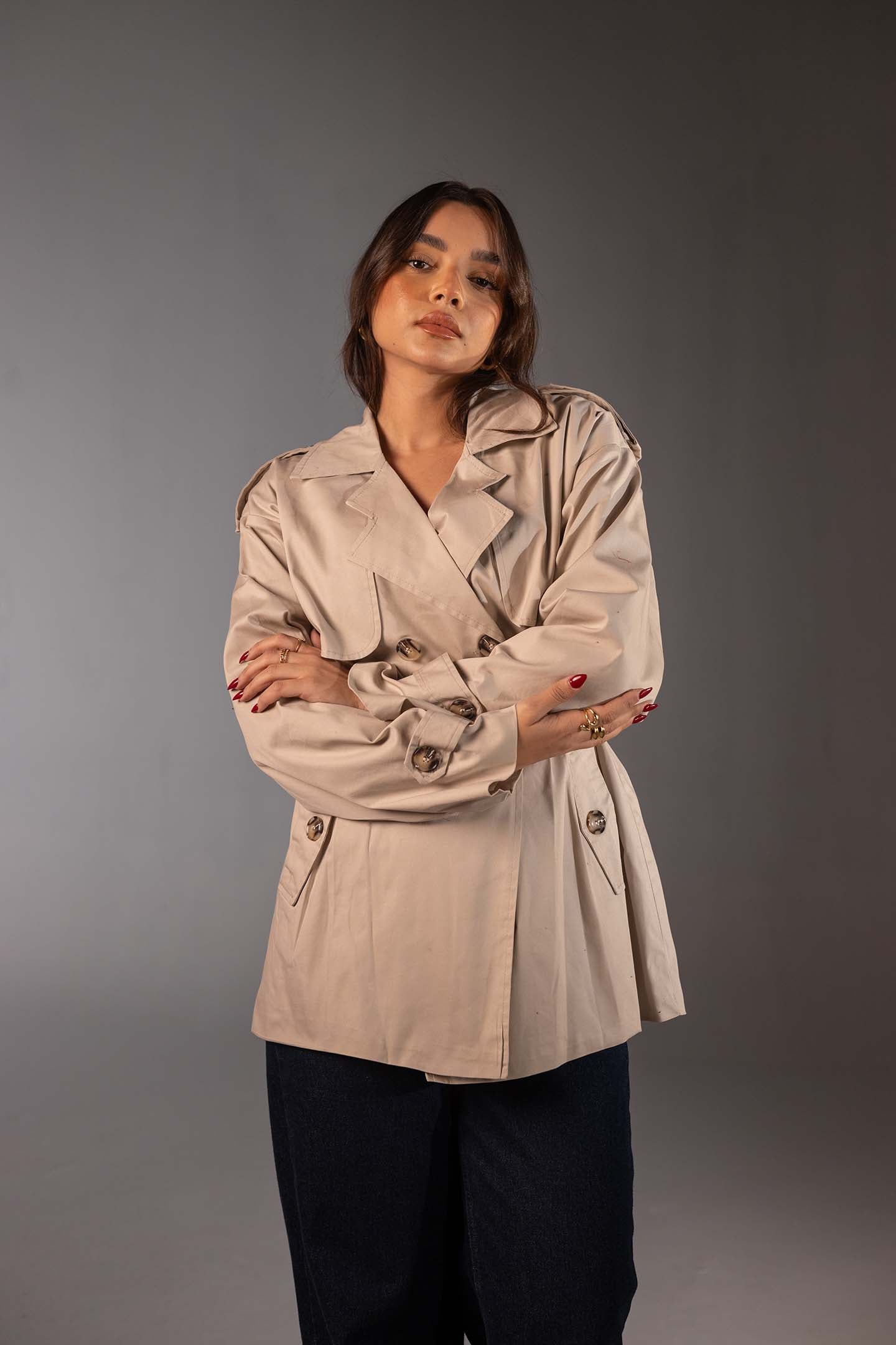 Beige Short Double-Breasted Trench Coat