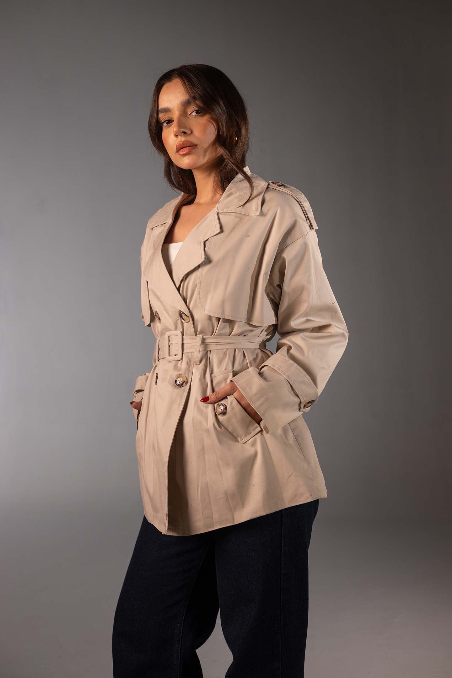 Beige Short Double-Breasted Trench Coat