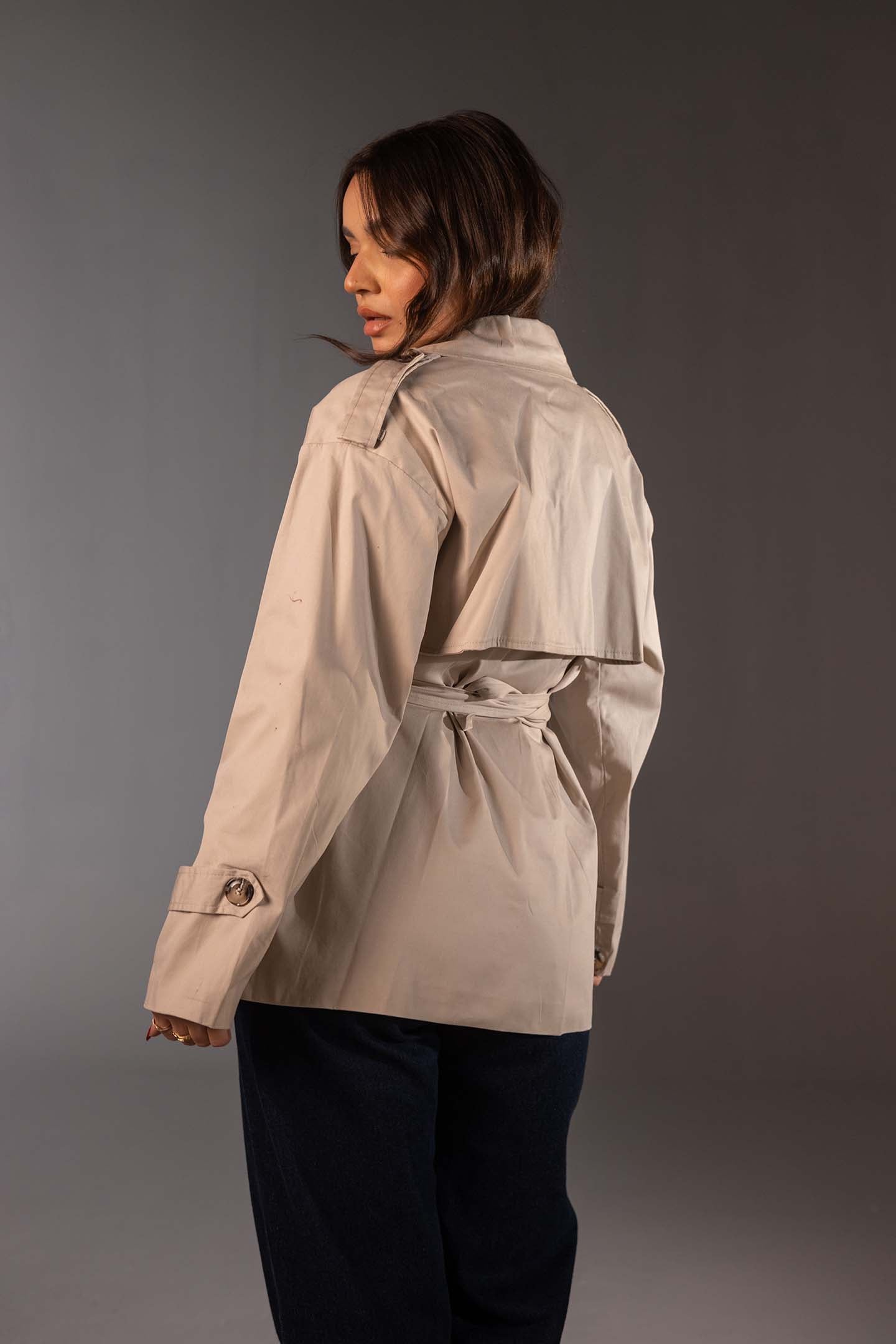 Beige Short Double-Breasted Trench Coat
