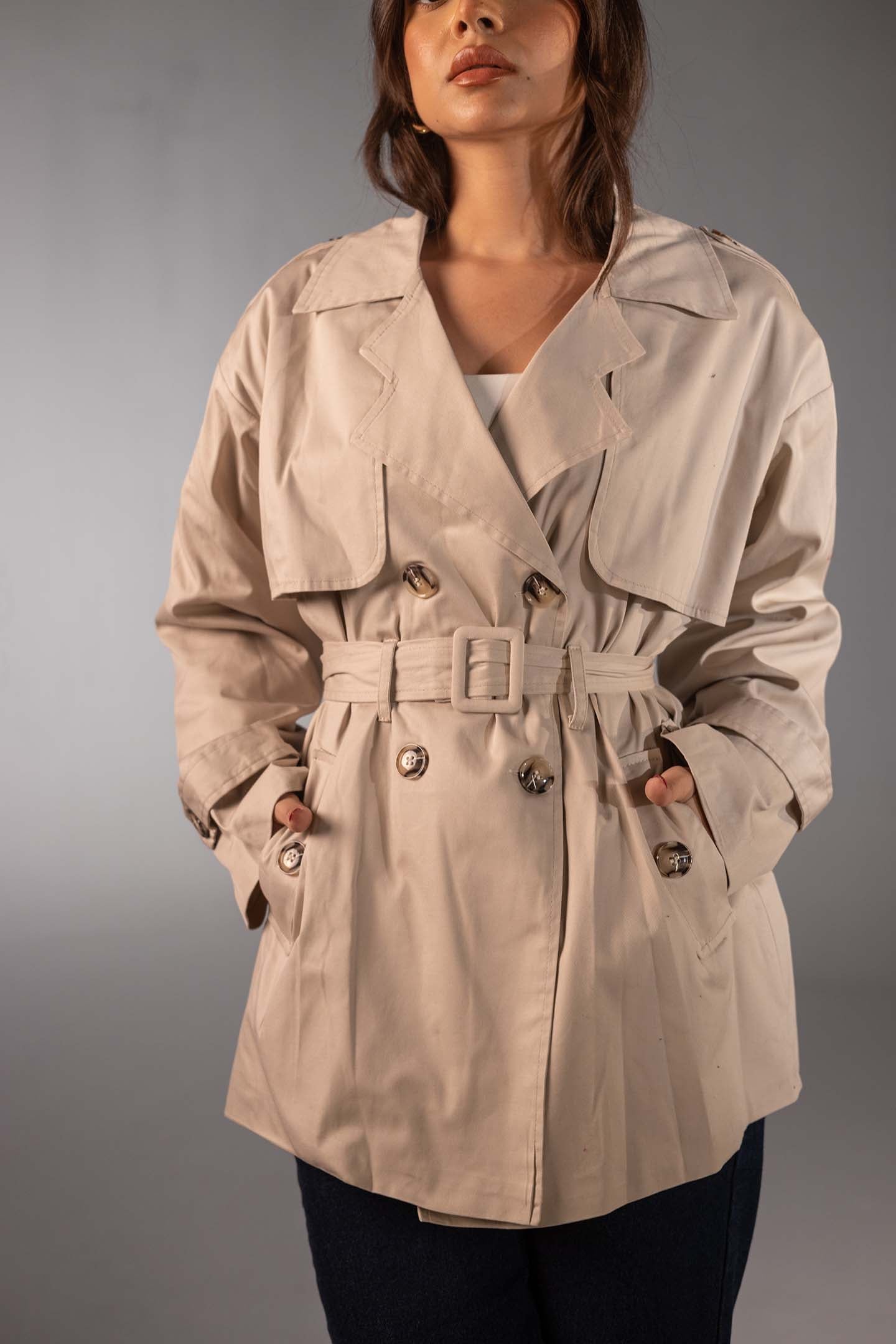Beige Short Double-Breasted Trench Coat