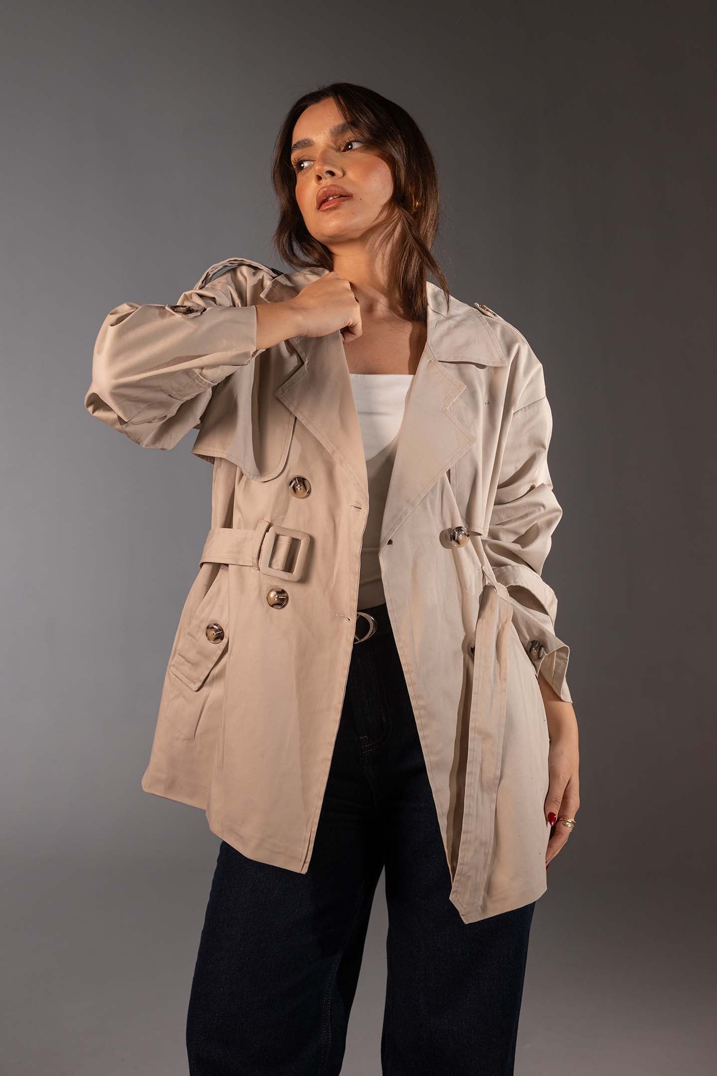 Beige Short Double-Breasted Trench Coat
