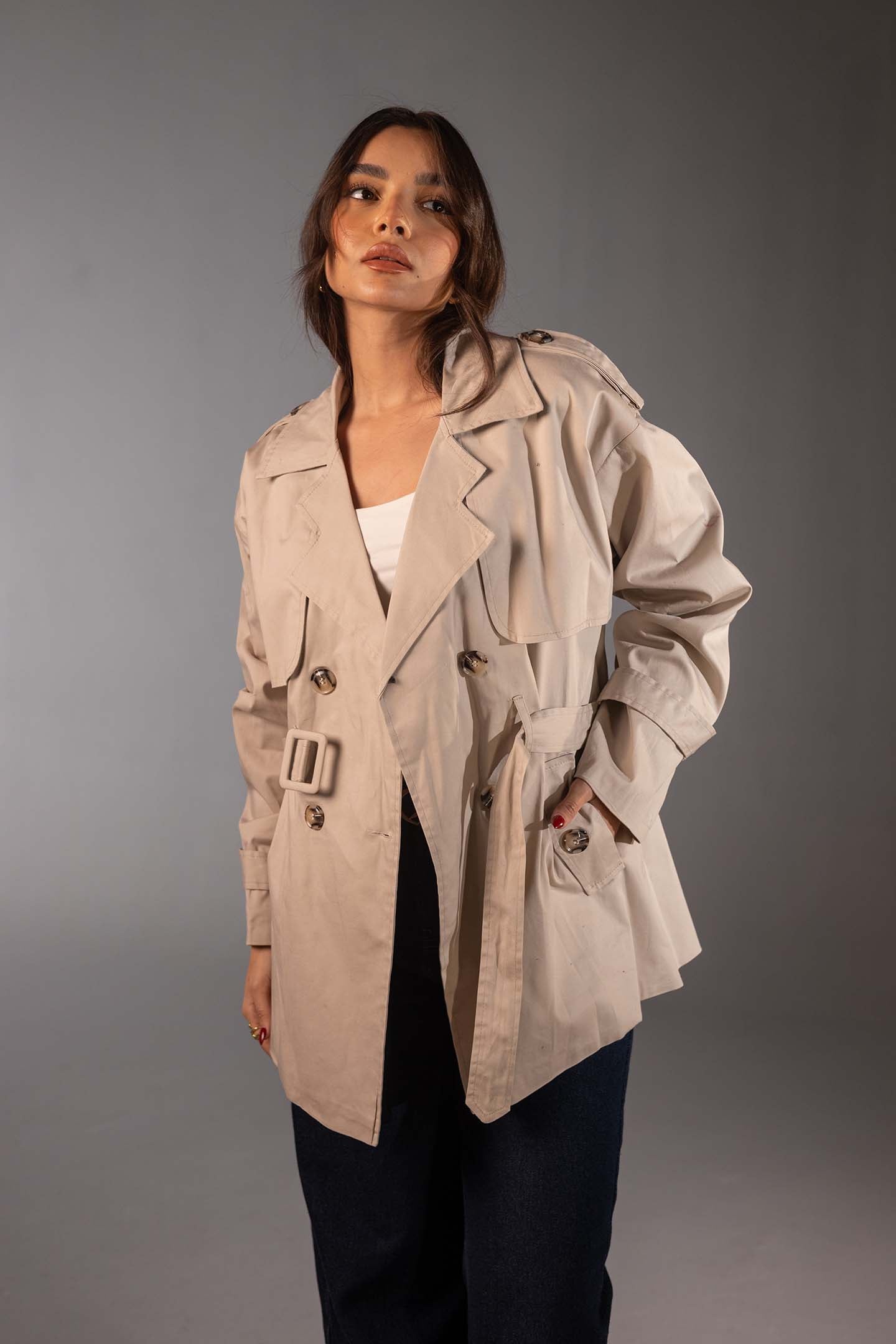 Beige Short Double-Breasted Trench Coat