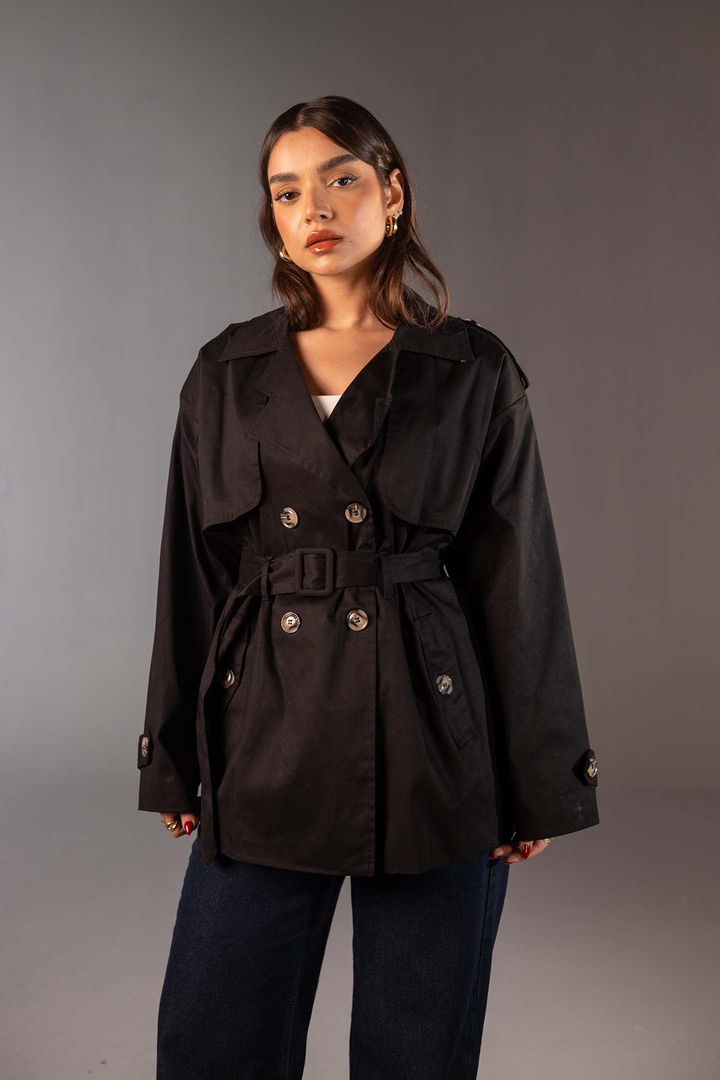Black Short Double-Breasted Trench Coat