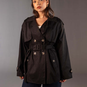 Black Short Double-Breasted Trench Coat