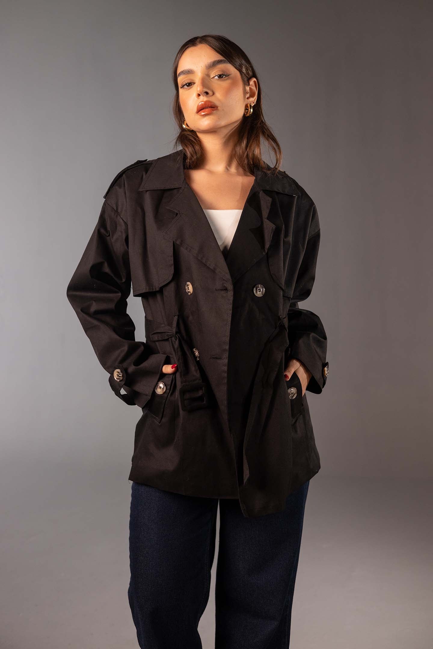 Black Short Double-Breasted Trench Coat