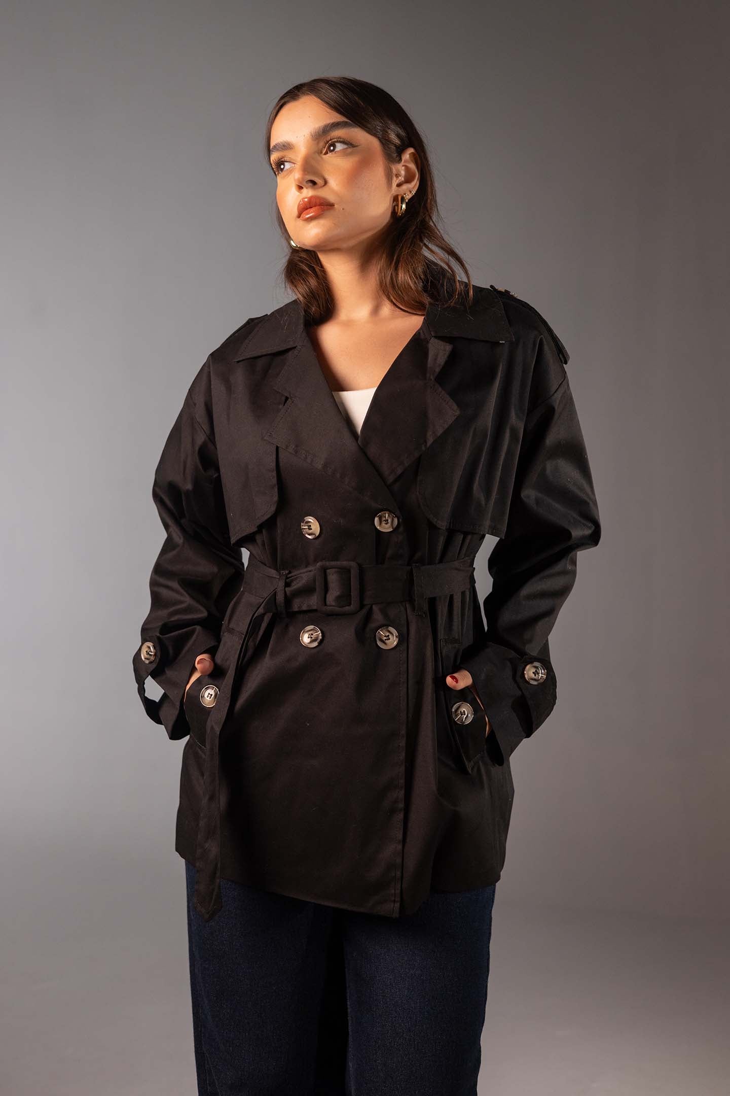 Black Short Double-Breasted Trench Coat