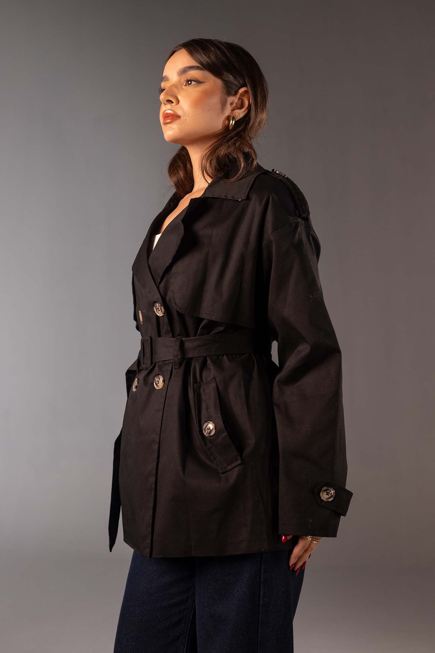 Black Short Double-Breasted Trench Coat