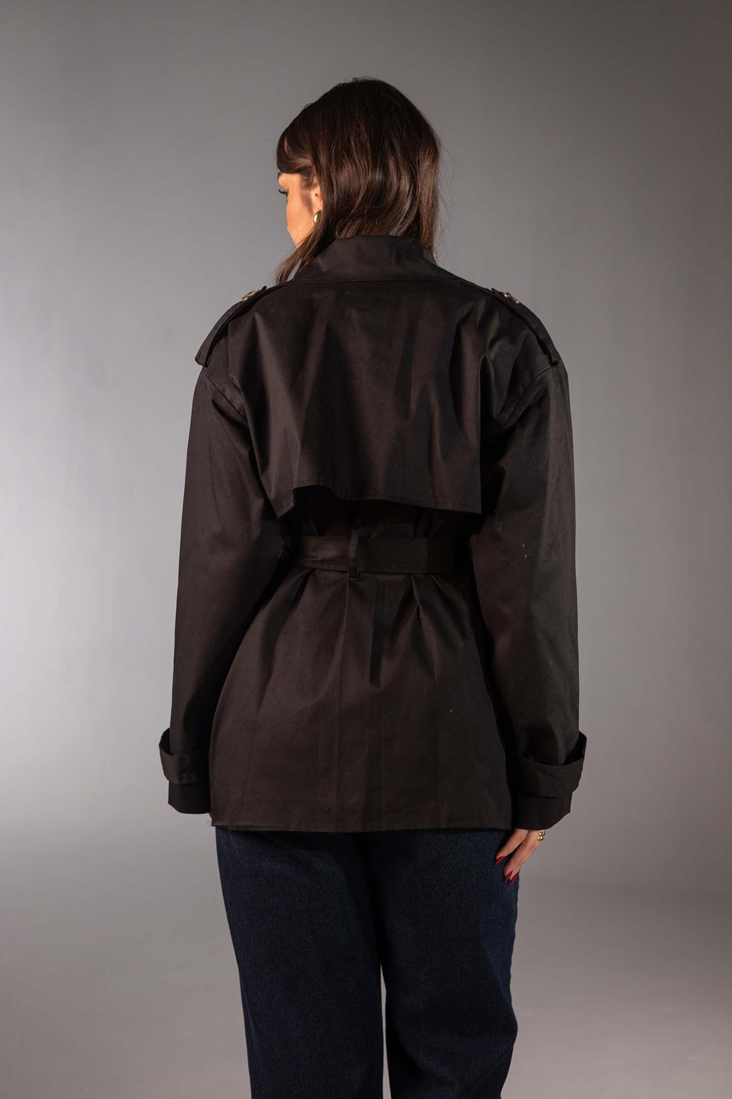 Black Short Double-Breasted Trench Coat