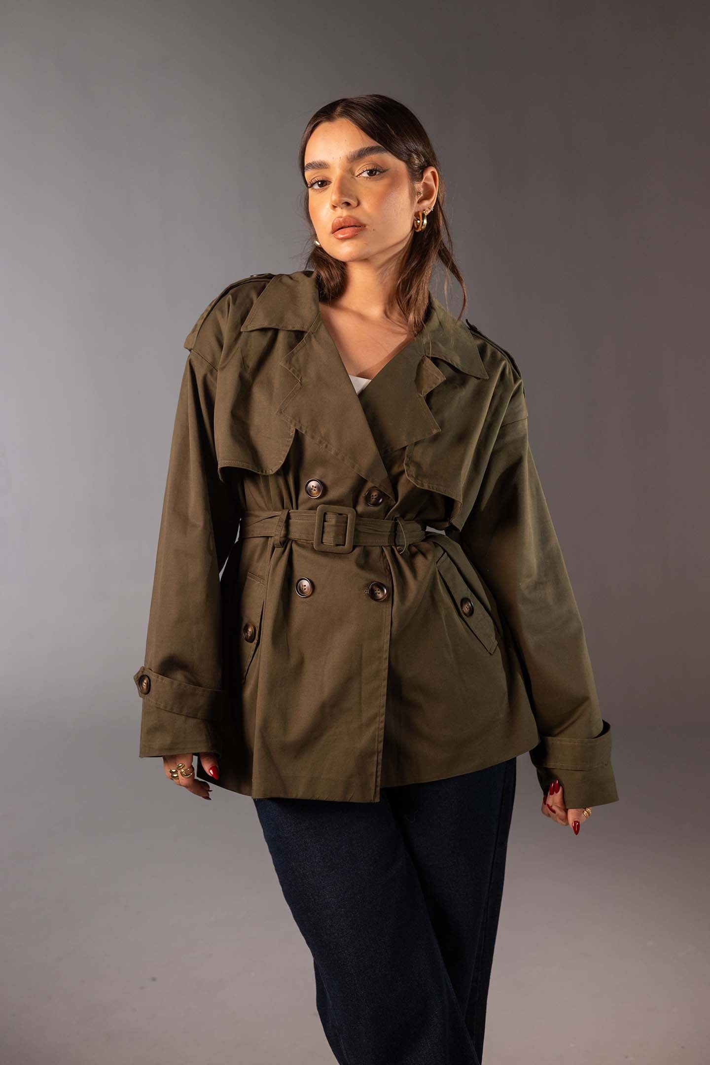 Olive Short Double-Breasted Trench Coat