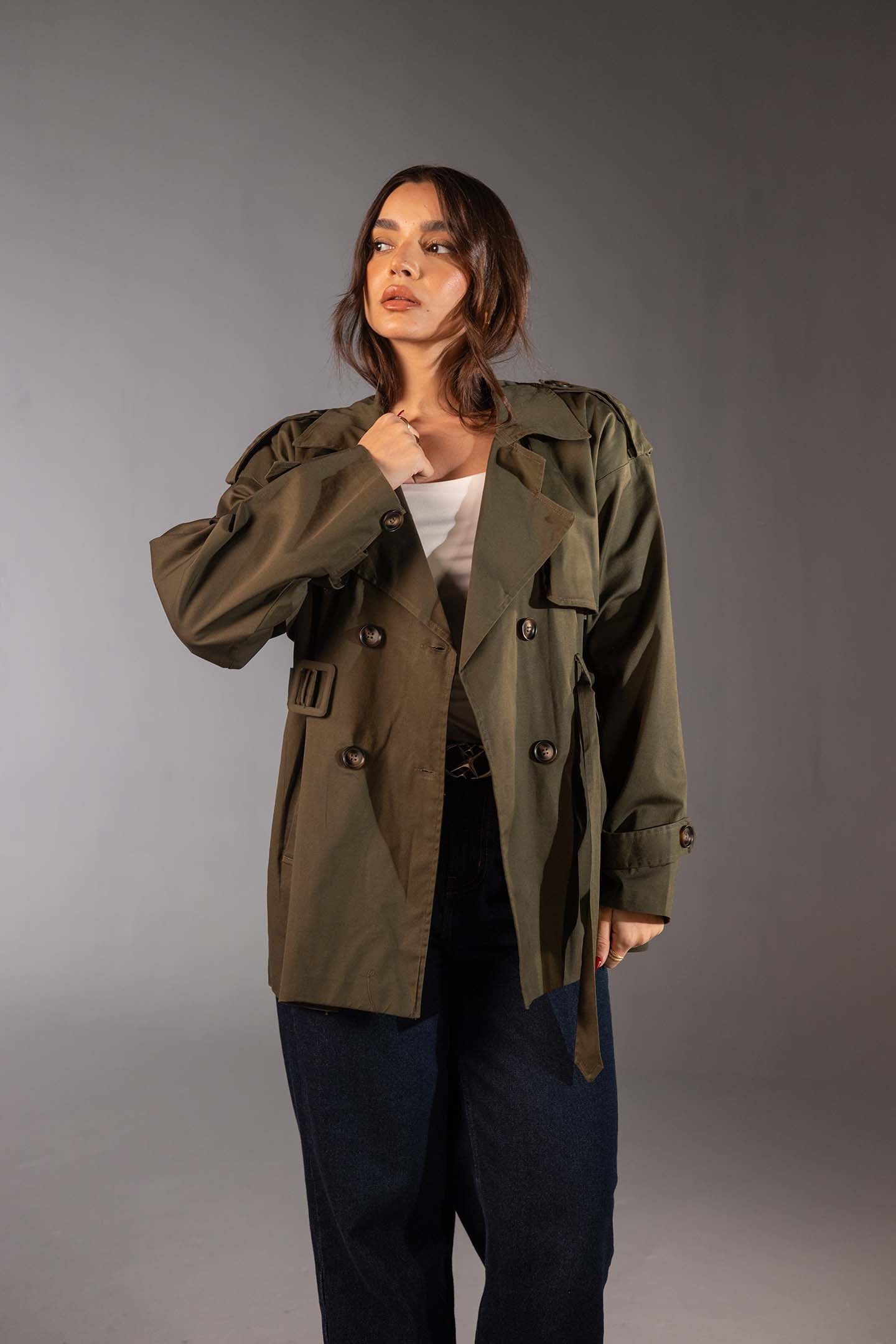 Olive Short Double-Breasted Trench Coat