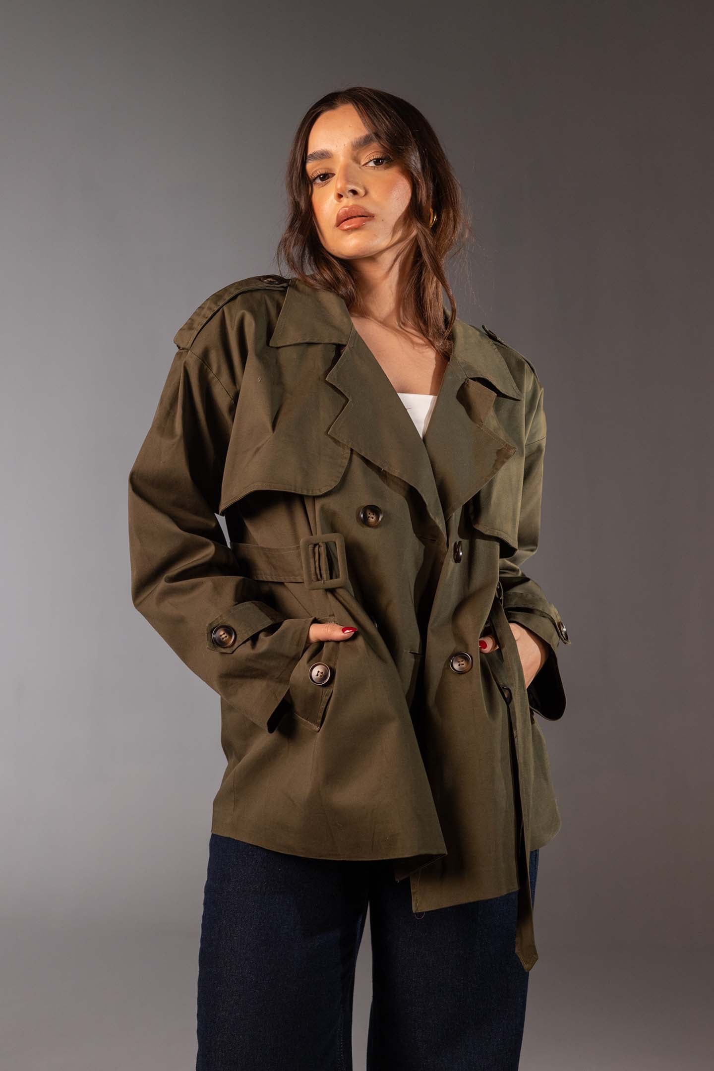Olive Short Double-Breasted Trench Coat