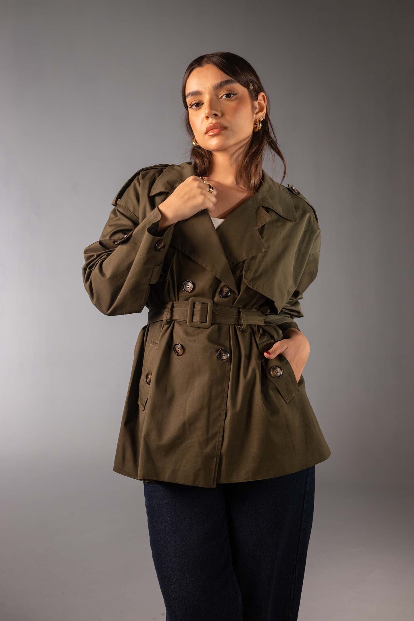 Olive Short Double-Breasted Trench Coat