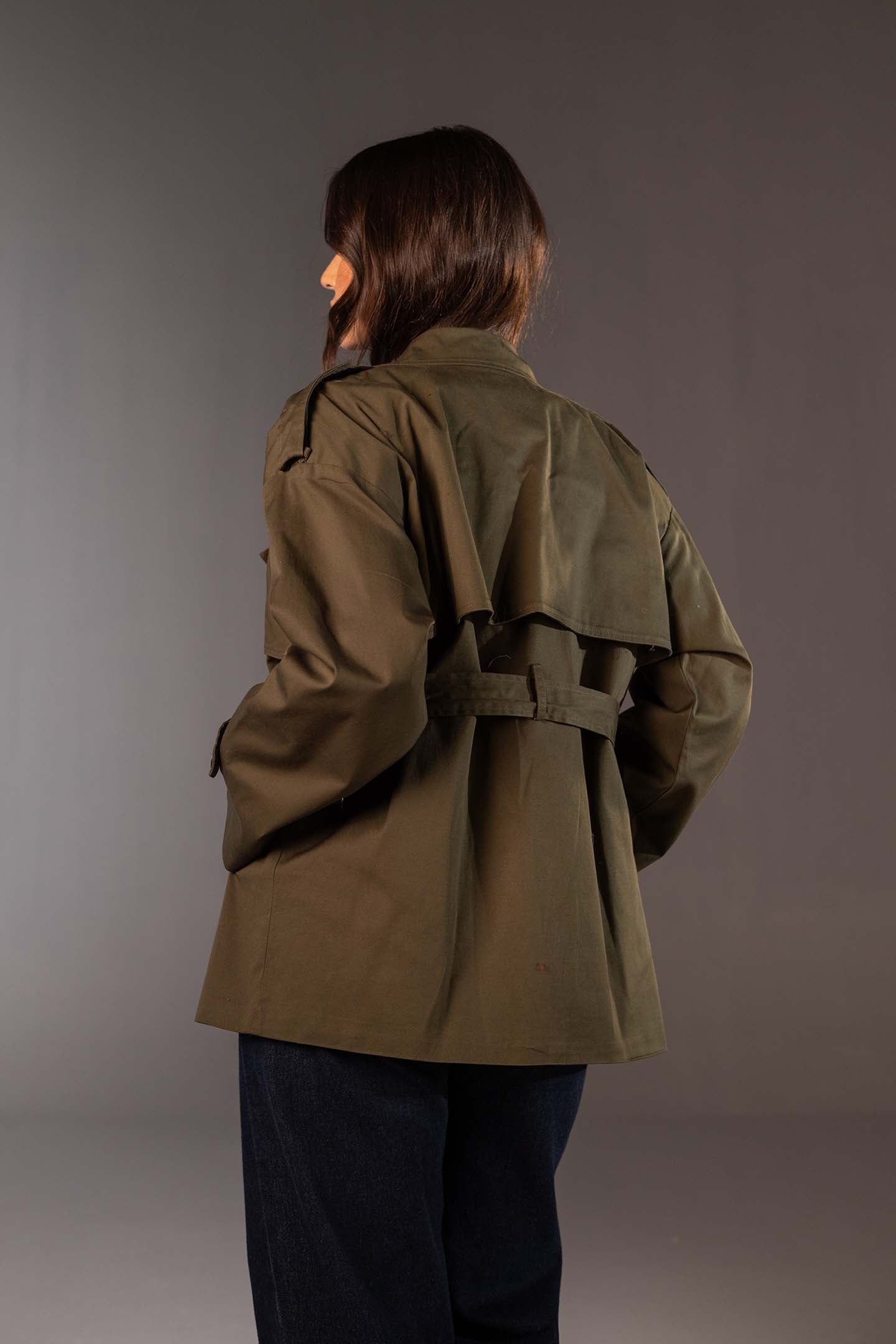 Olive Short Double-Breasted Trench Coat