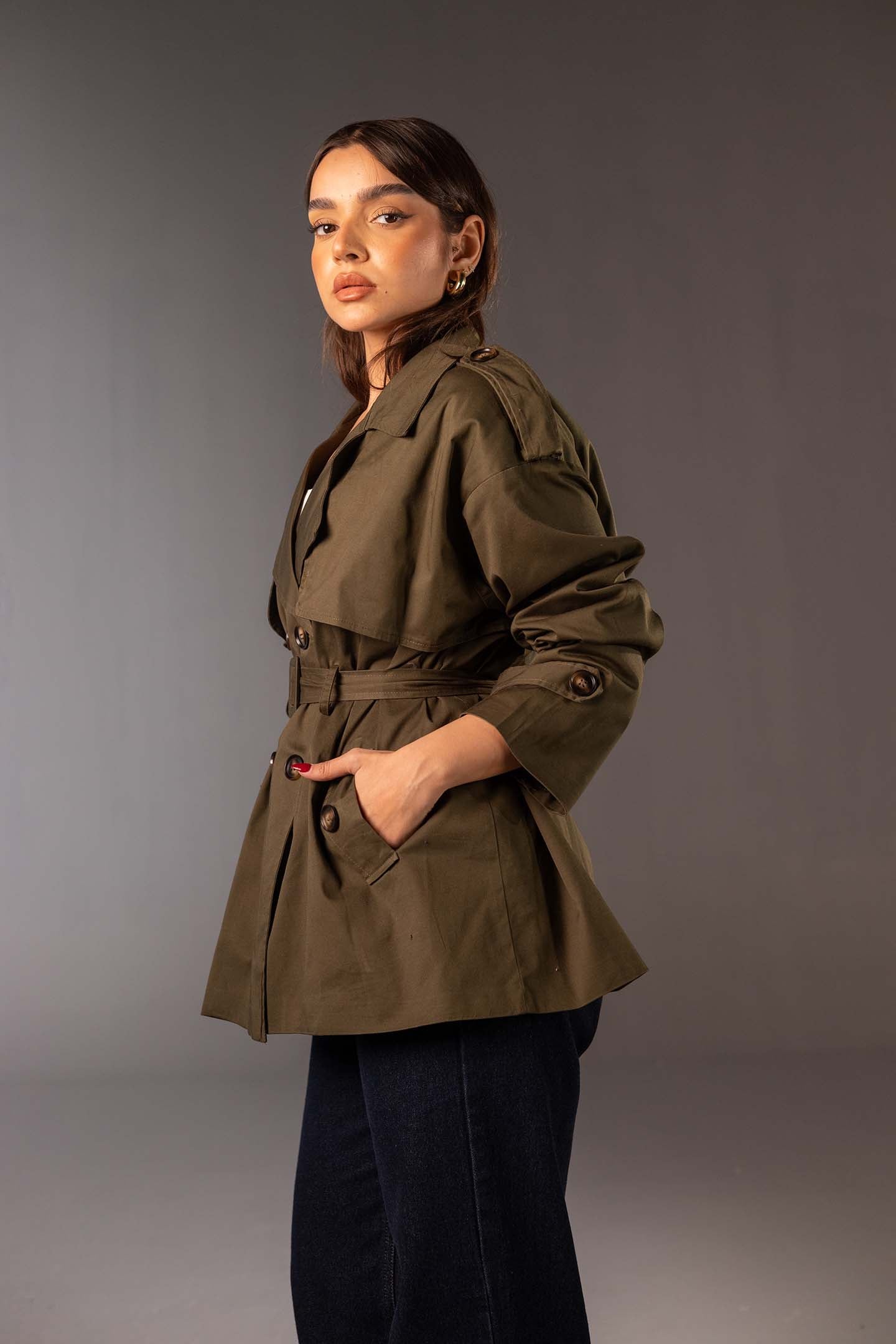 Olive Short Double-Breasted Trench Coat