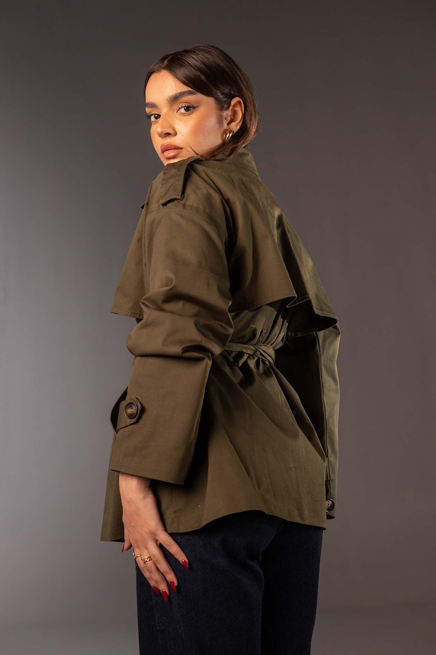 Olive Short Double-Breasted Trench Coat