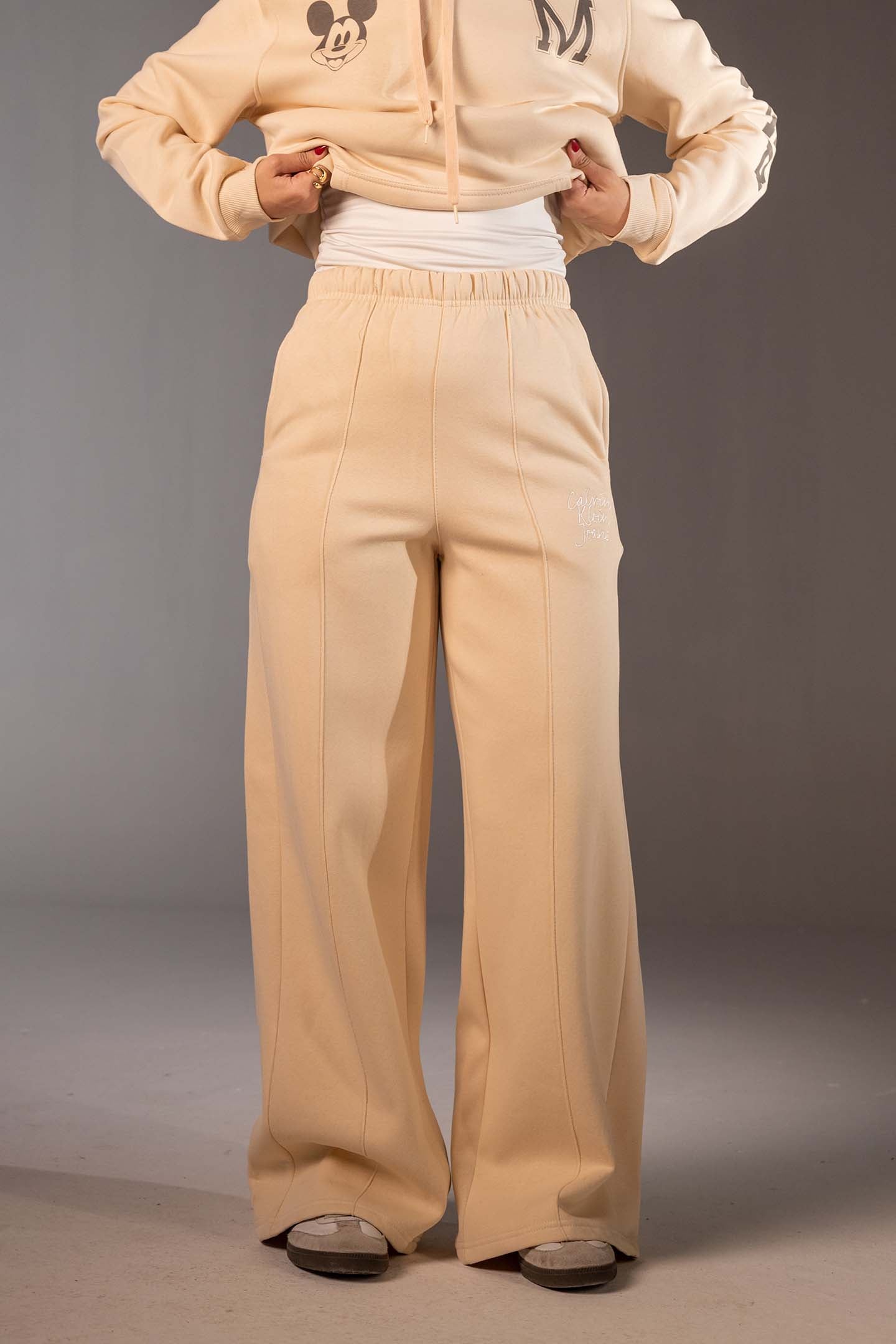 Beige High-Waist Wide Leg Jogger Pants