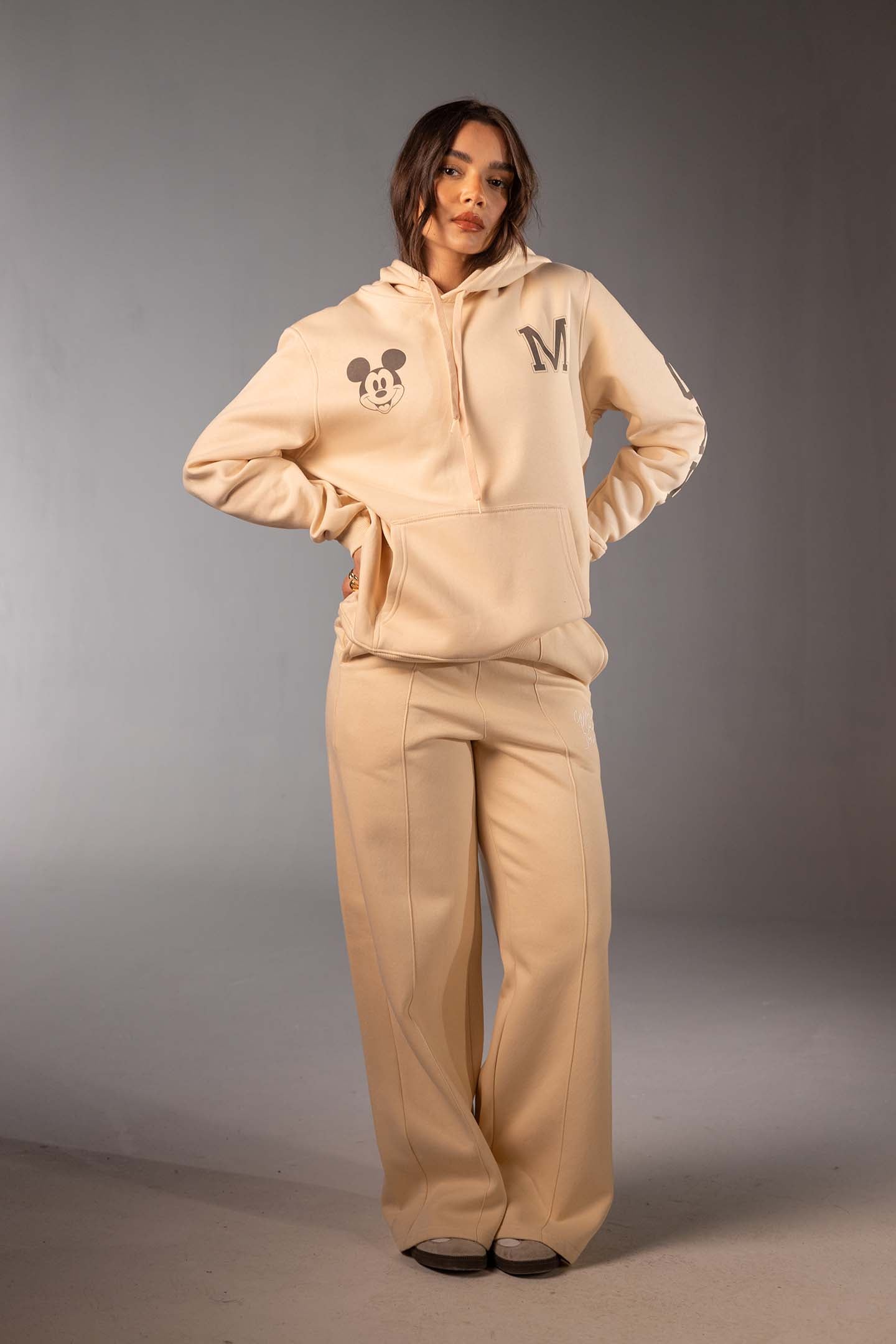 Beige High-Waist Wide Leg Jogger Pants