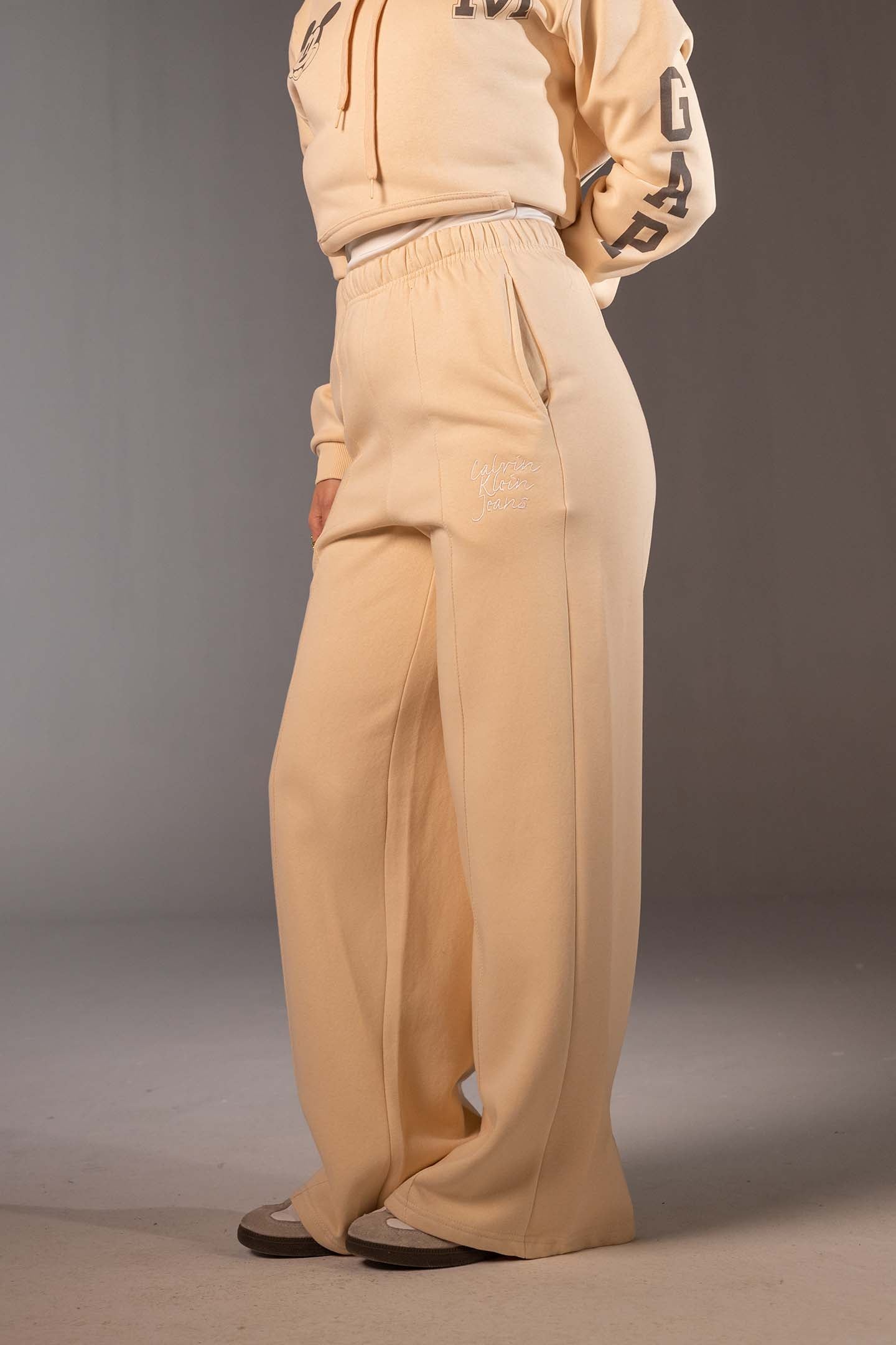 Beige High-Waist Wide Leg Jogger Pants