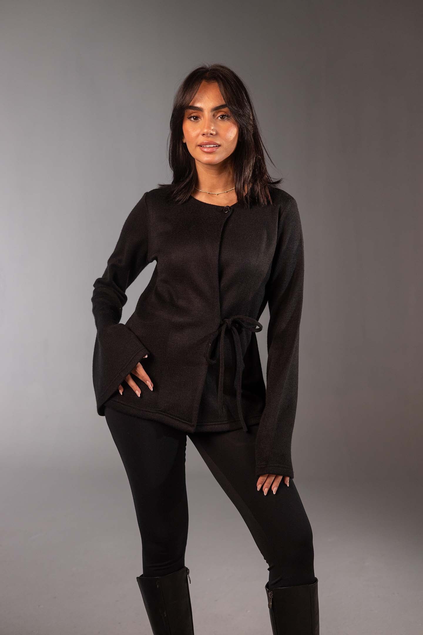 Black Soft Knit Wrap Top with Flared Sleeves