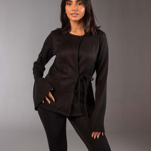 Black Soft Knit Wrap Top with Flared Sleeves
